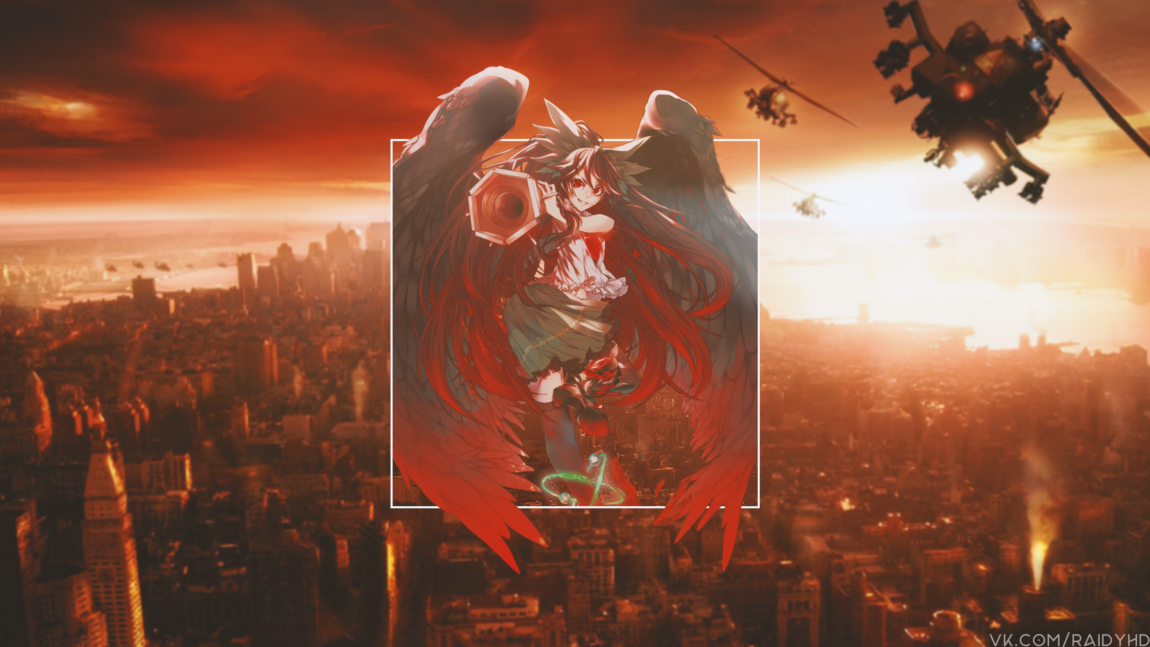 Anime girl with wings over a city HD Wallpaper