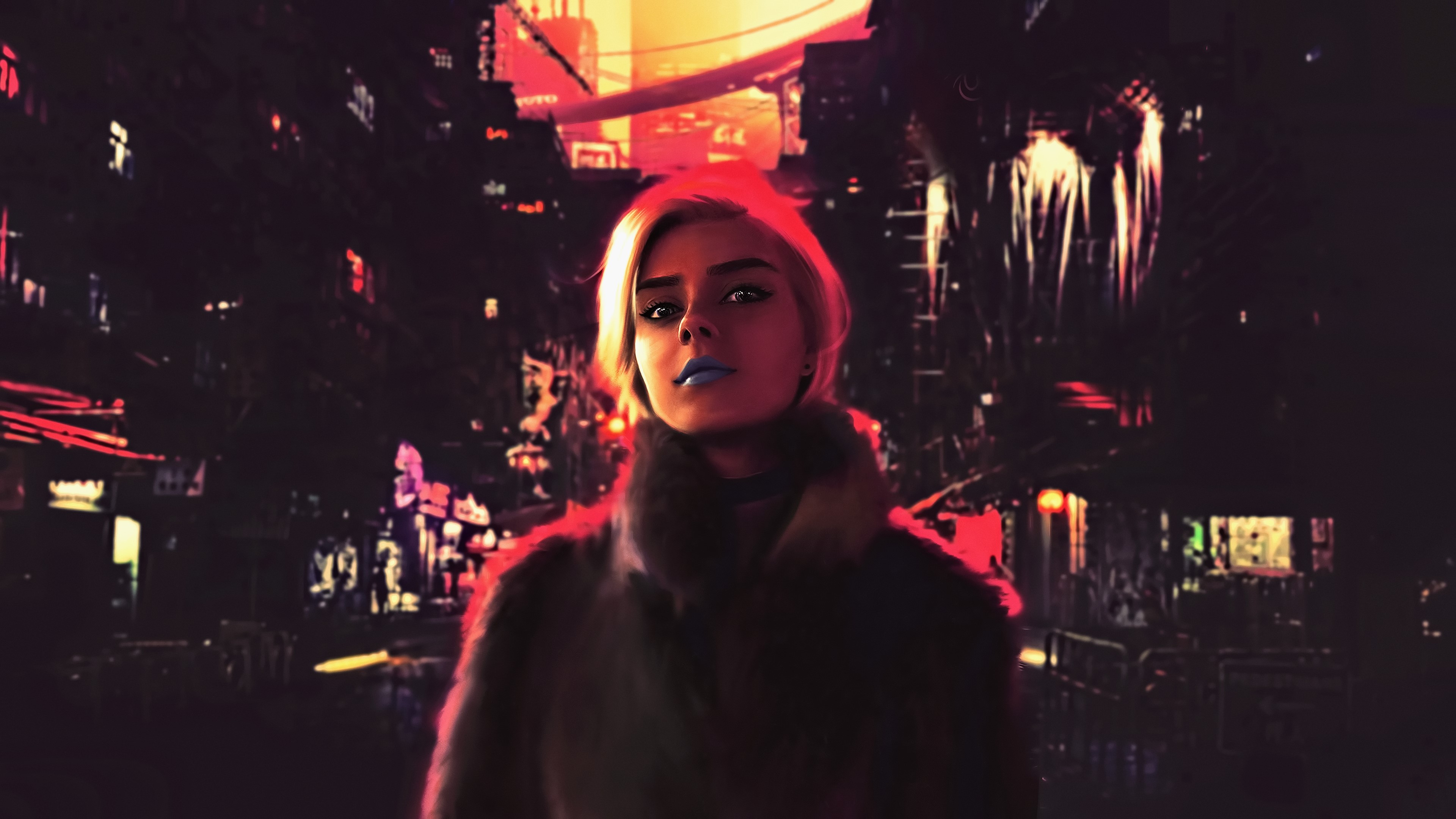 Woman in futuristic city at night HD Wallpaper