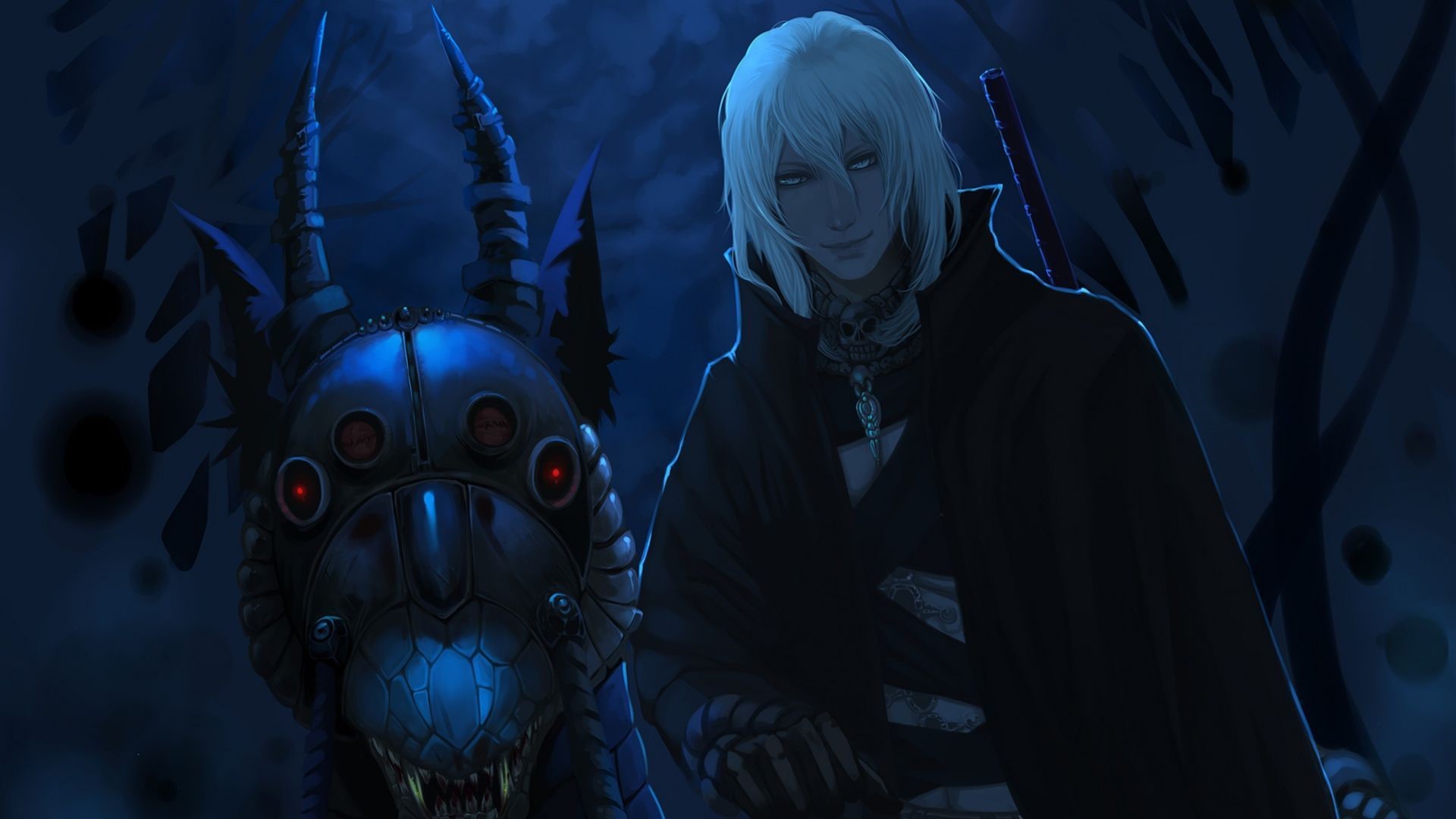 Anime boy with white hair and mechanical creature HD Wallpaper