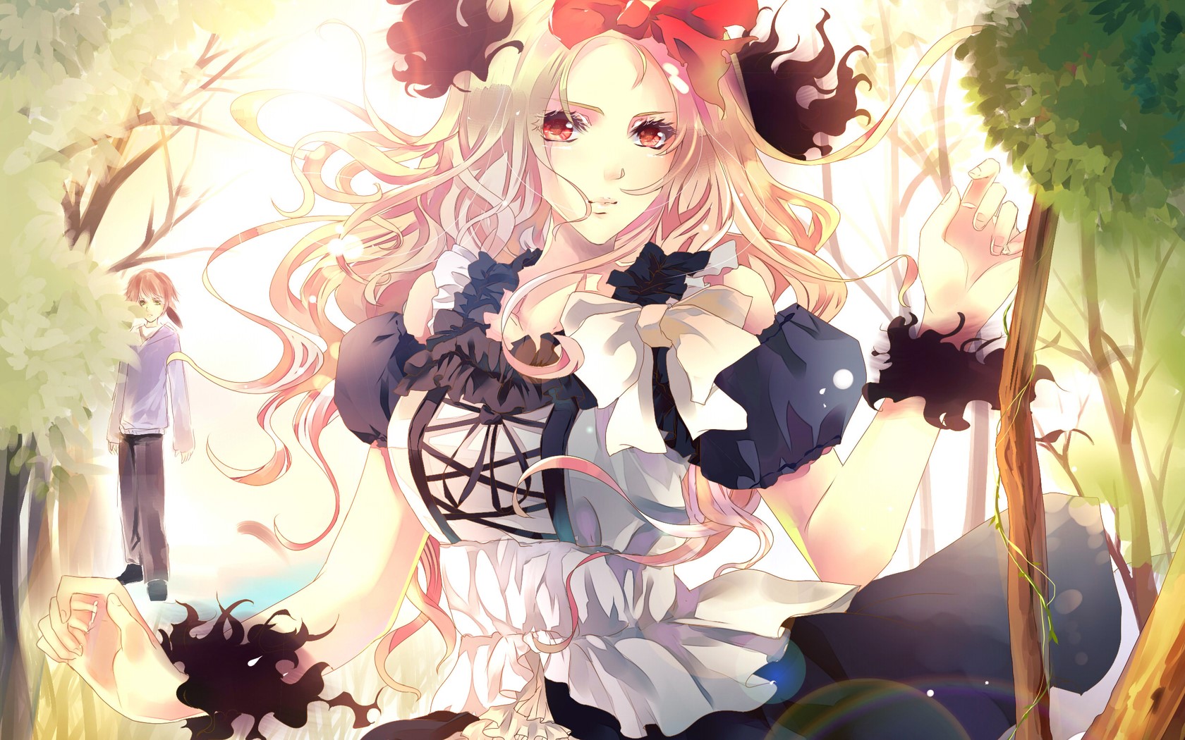 Anime girl with blonde hair and red eyes in a forest HD Wallpaper