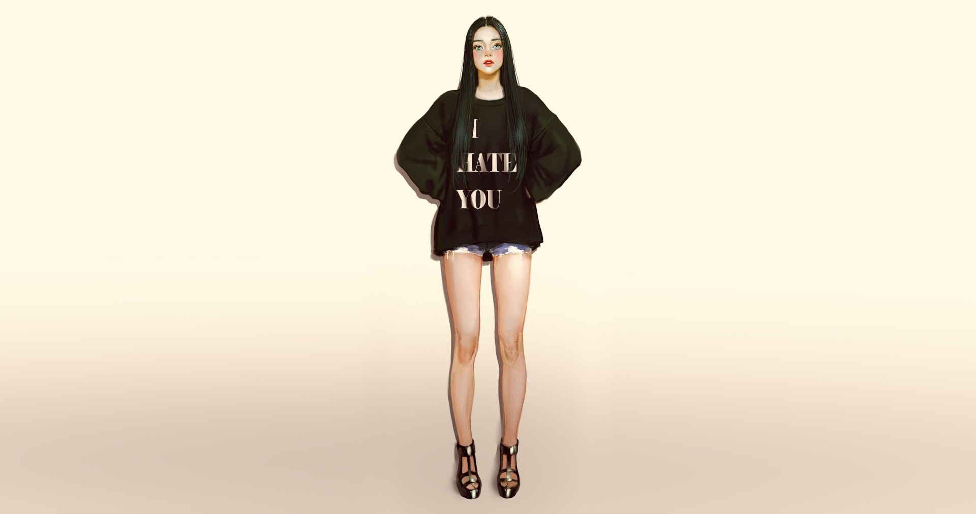 Woman wearing a black sweatshirt with text and denim shorts HD Wallpaper