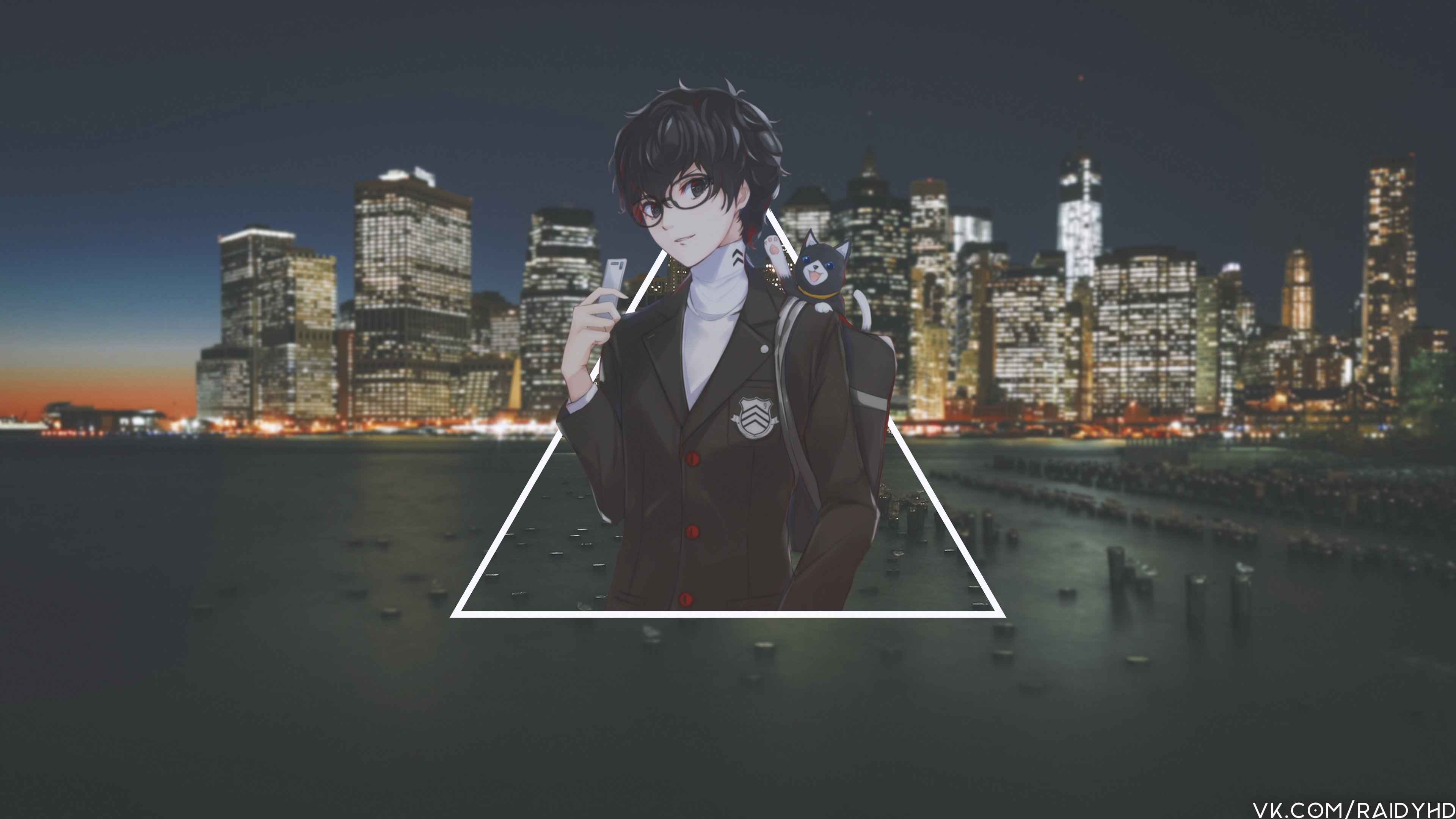 Protagonist from Persona 5 with cat in front of city skyline HD Wallpaper