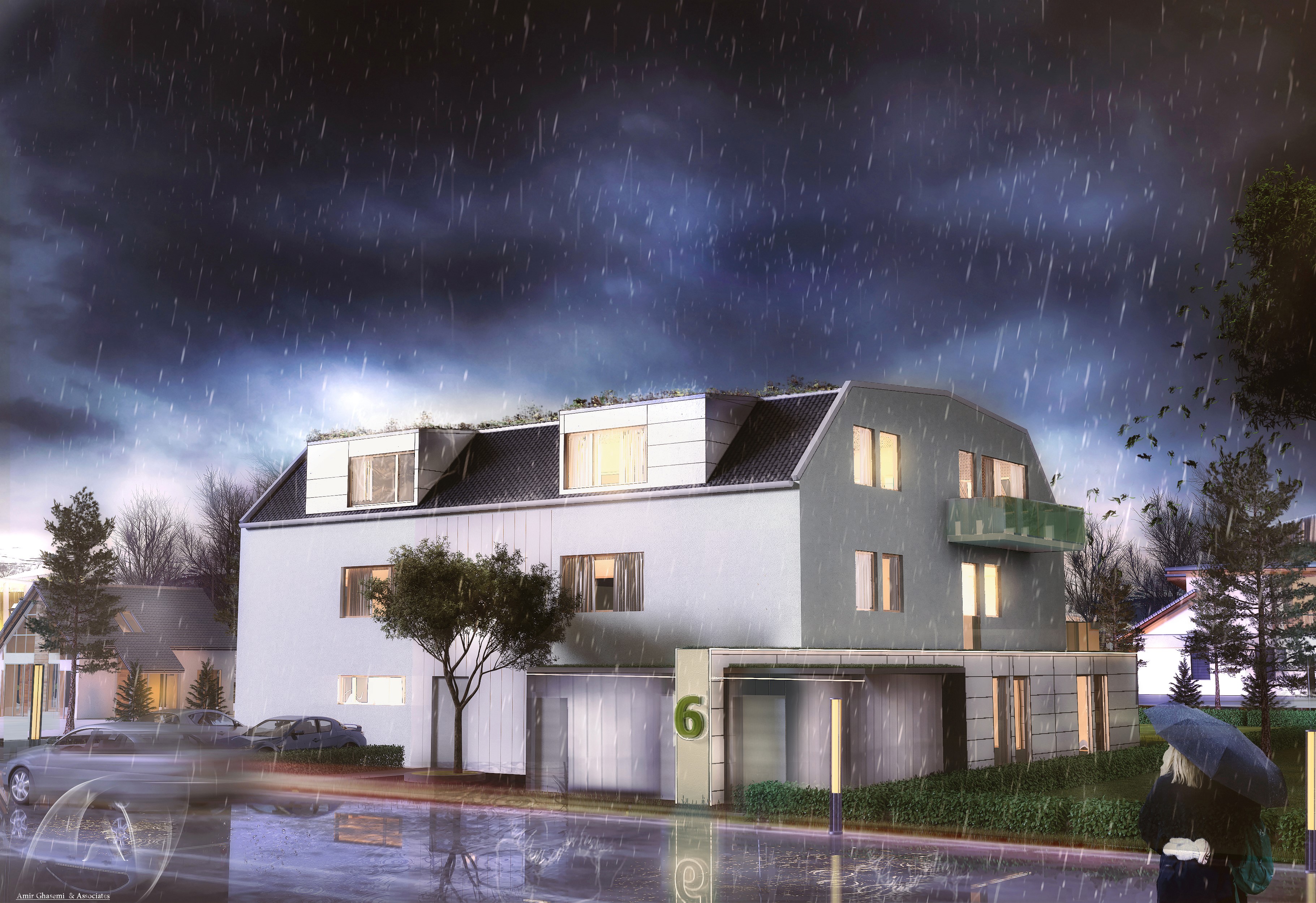 Modern building with green roof in the rain HD Wallpaper