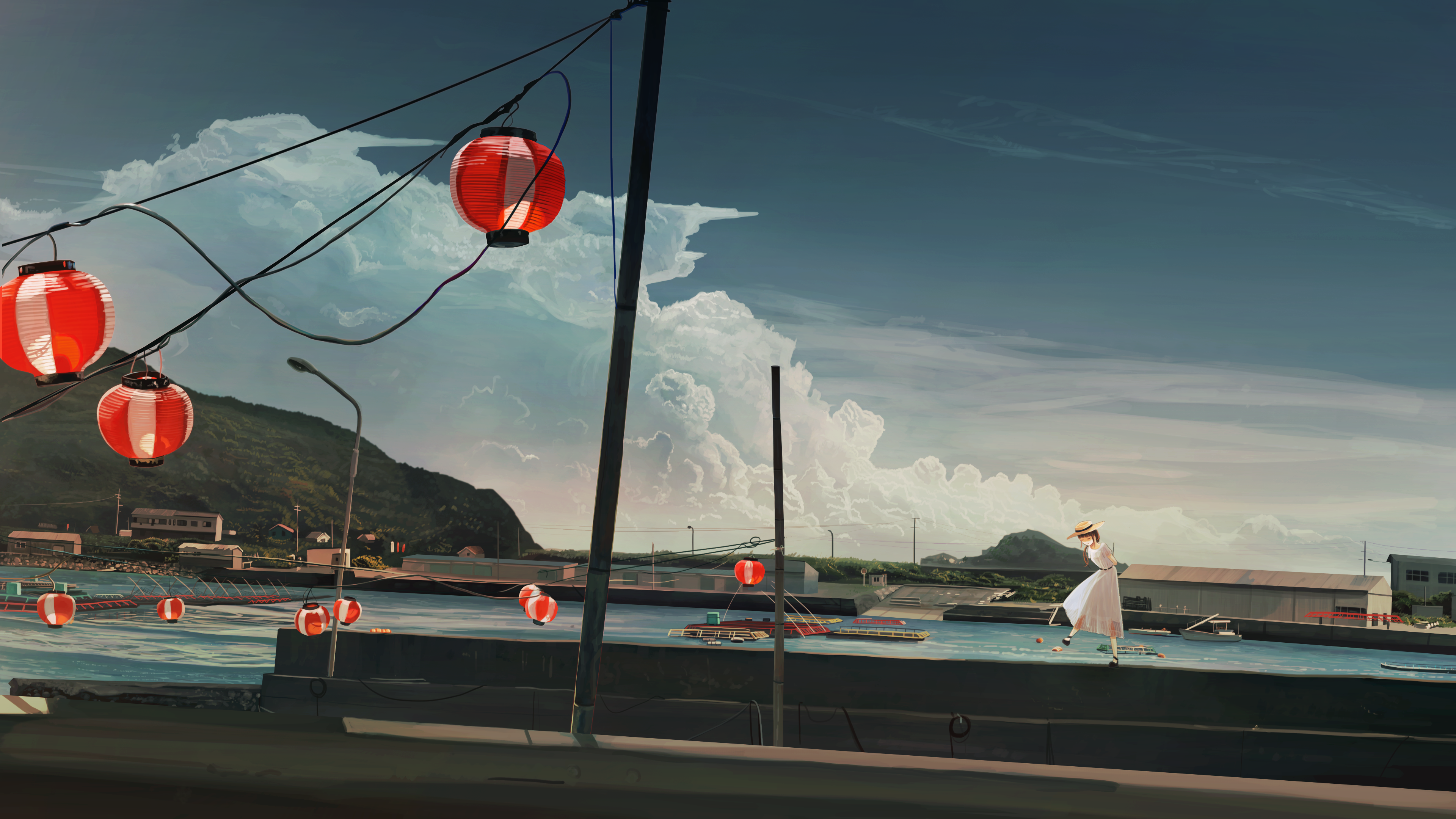 Anime girl in white dress at a dock with lanterns HD Wallpaper