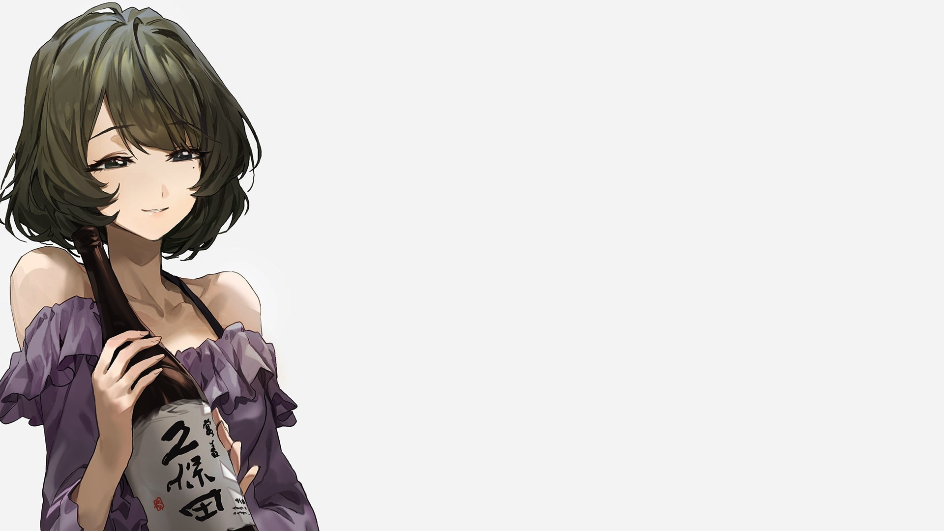 Anime girl with short hair holding a sake bottle HD Wallpaper