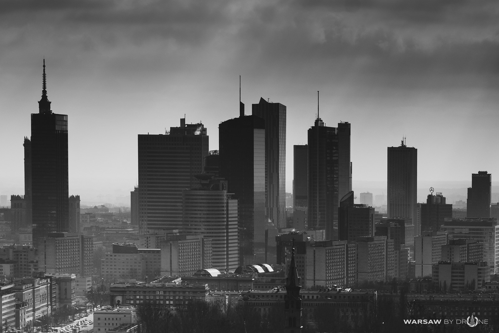 Monochrome cityscape of Warsaw skyscrapers HD Wallpaper