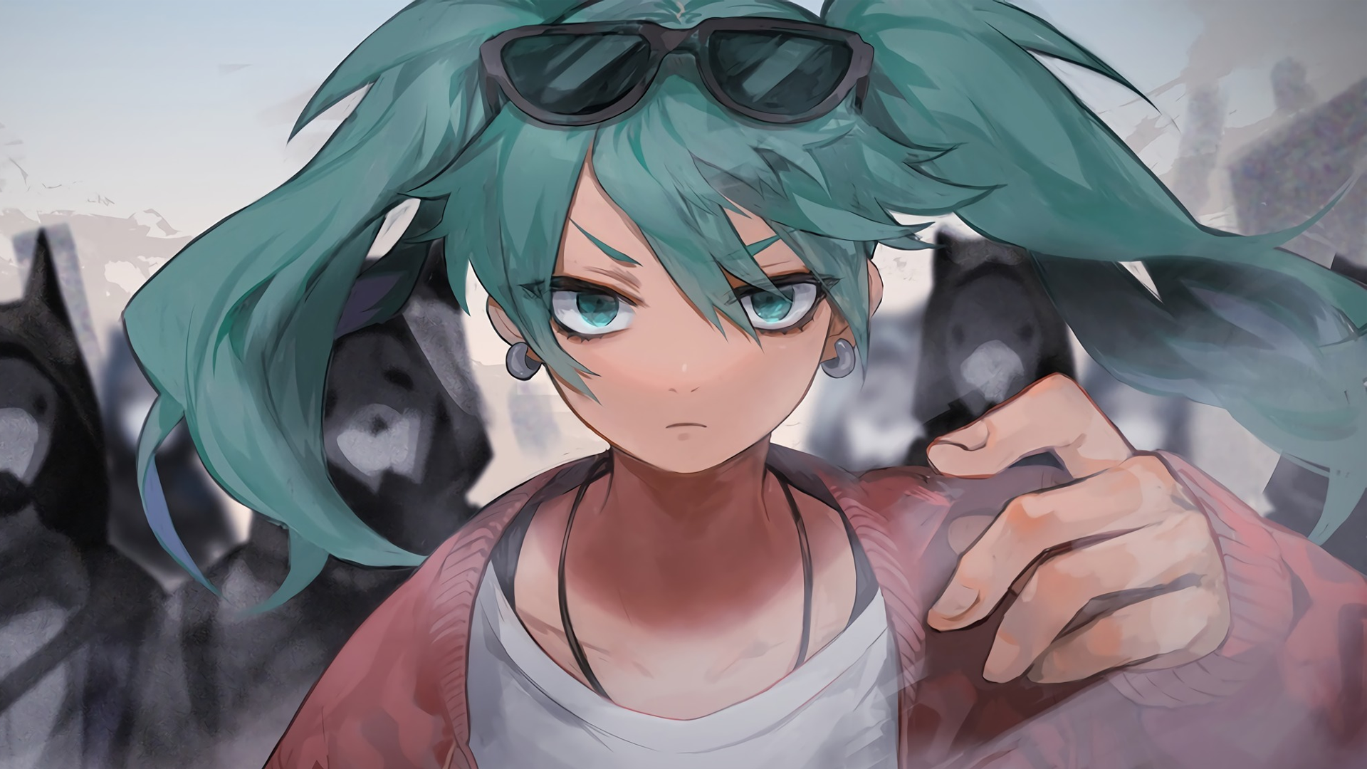 Hatsune Miku from Vocaloid with sunglasses HD Wallpaper