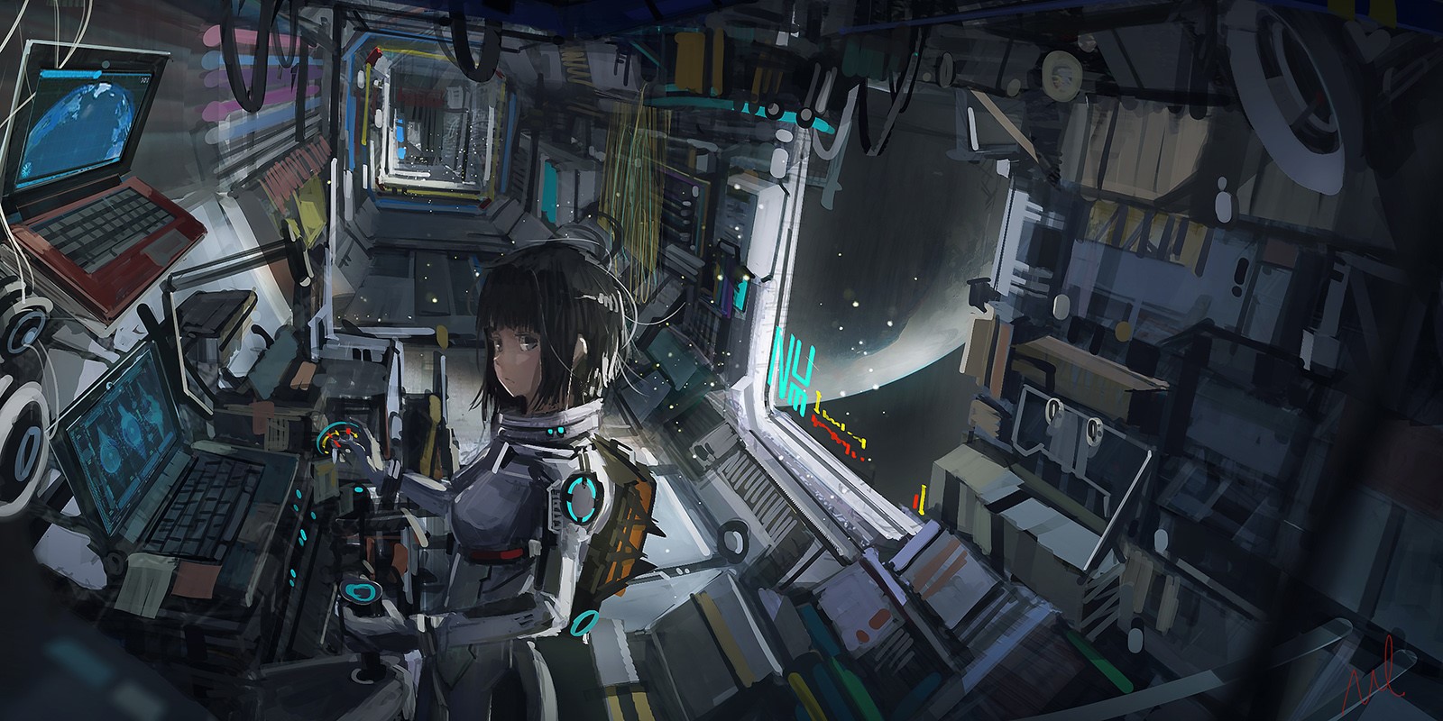 Anime girl in a spaceship cockpit with laptops and view of space HD Wallpaper