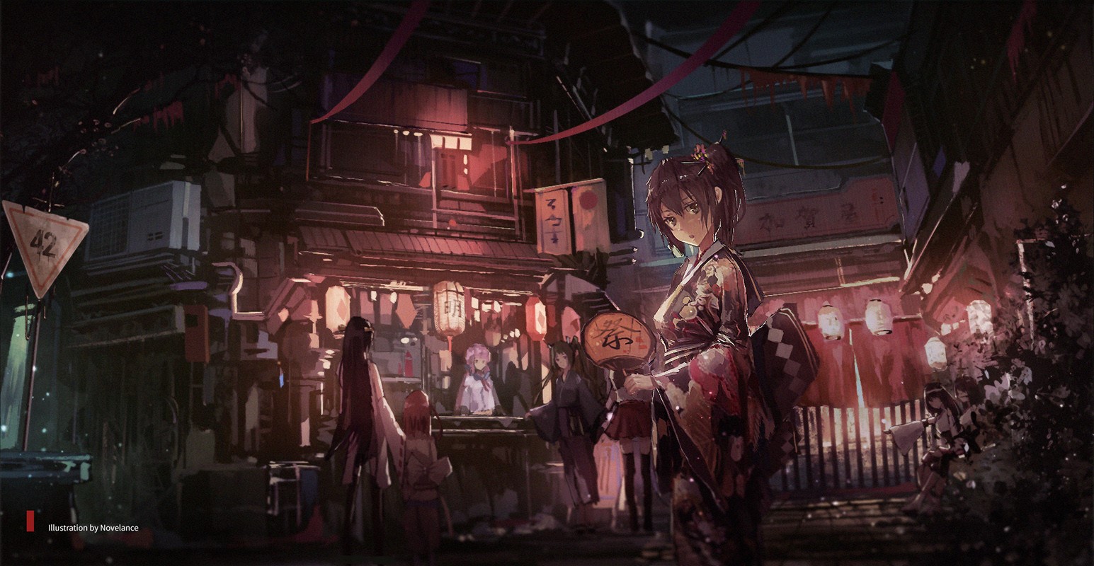 Anime girls in traditional Japanese clothing at a night market HD Wallpaper