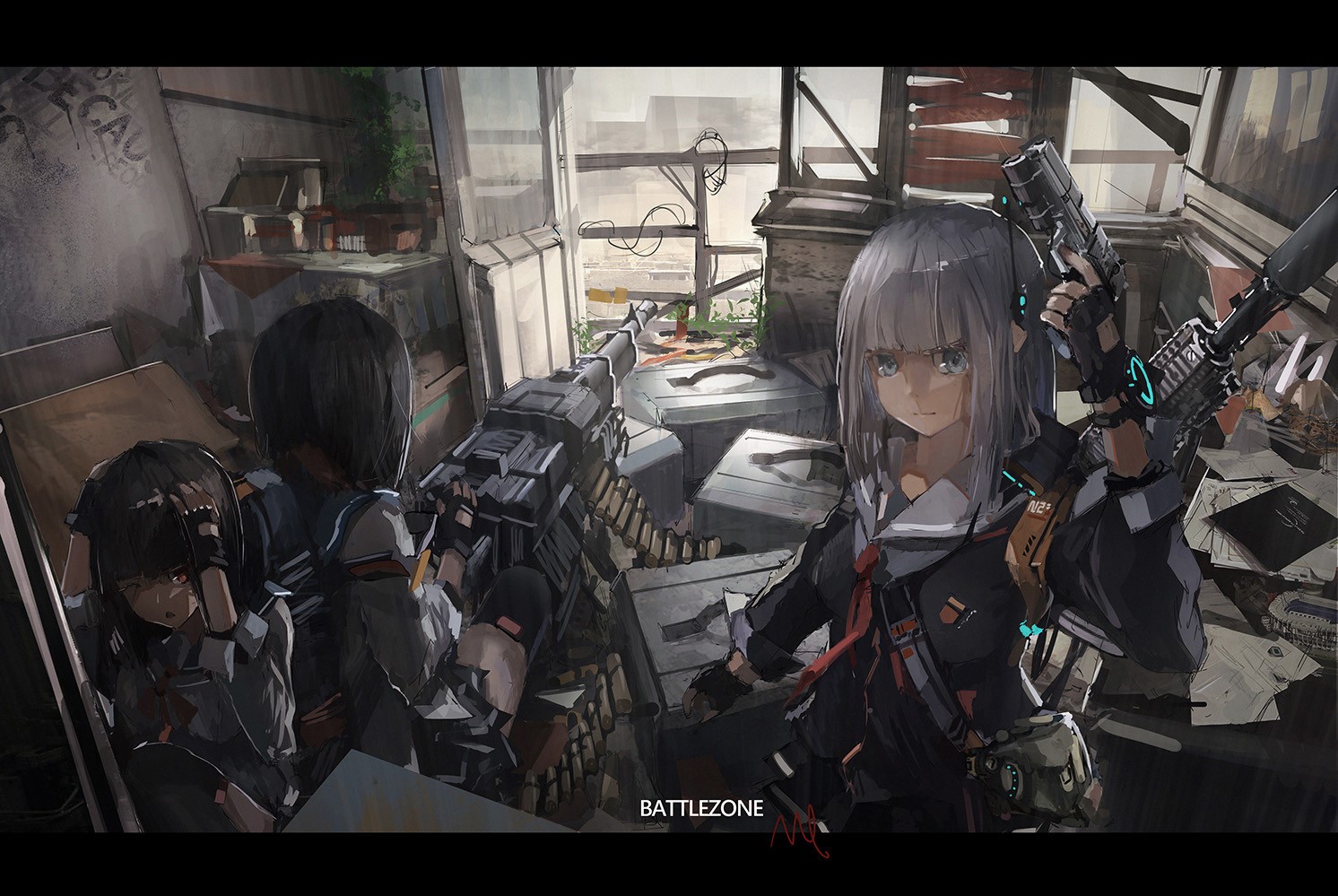 Anime girls with guns in a destroyed building HD Wallpaper