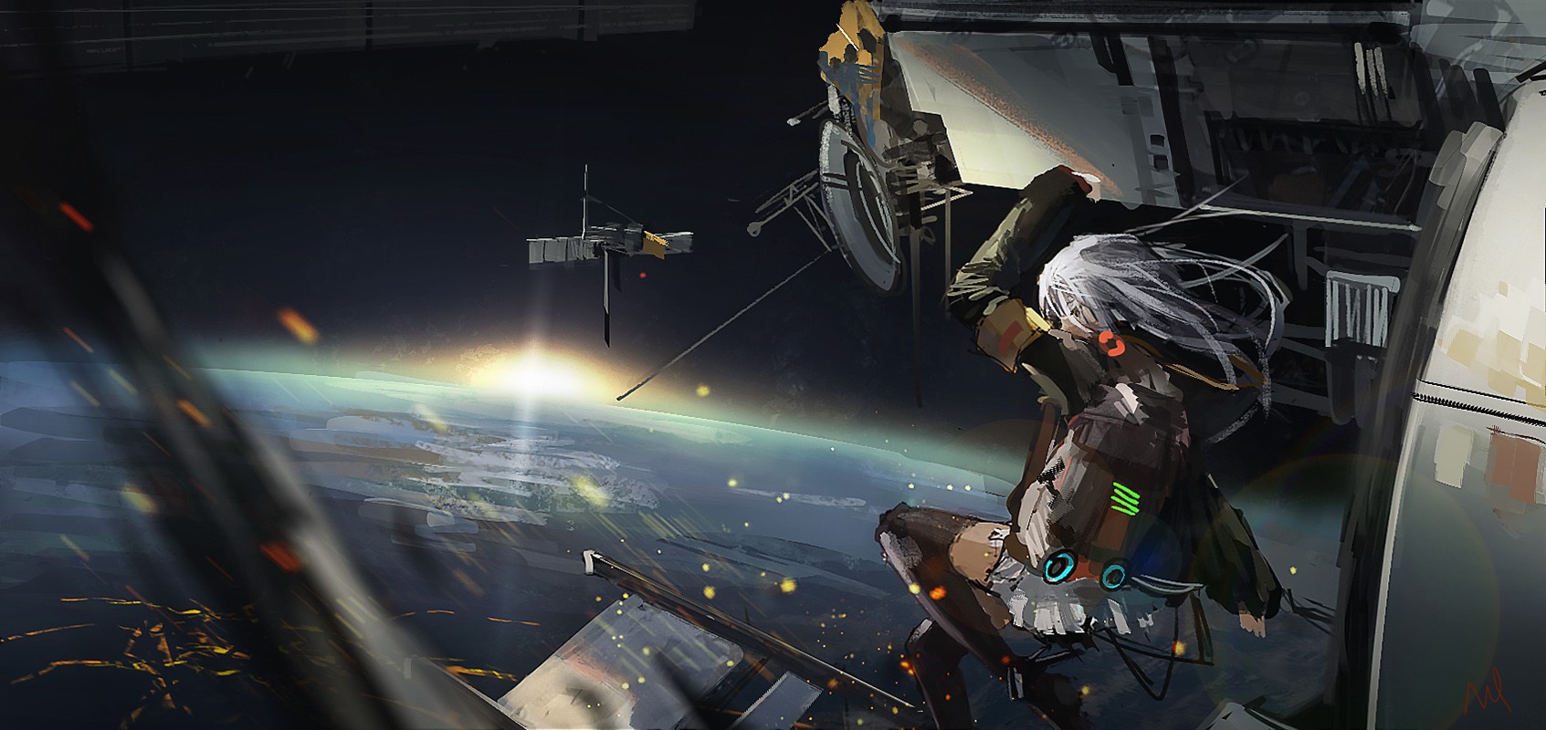 Anime girl in space with Earth and satellites HD Wallpaper