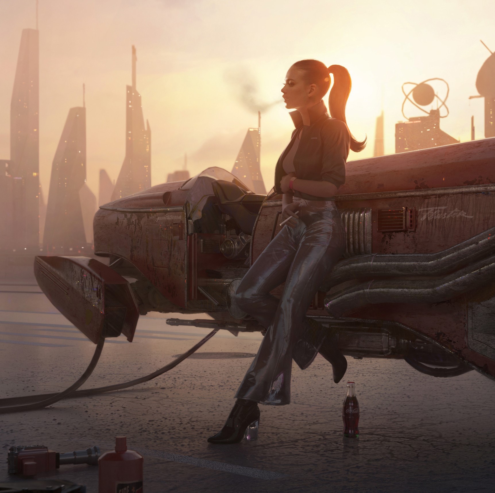 Woman smoking next to a futuristic vehicle with Coca-Cola HD Wallpaper