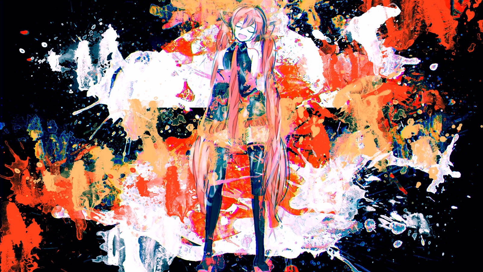 Hatsune Miku artwork with abstract paint splatters HD Wallpaper