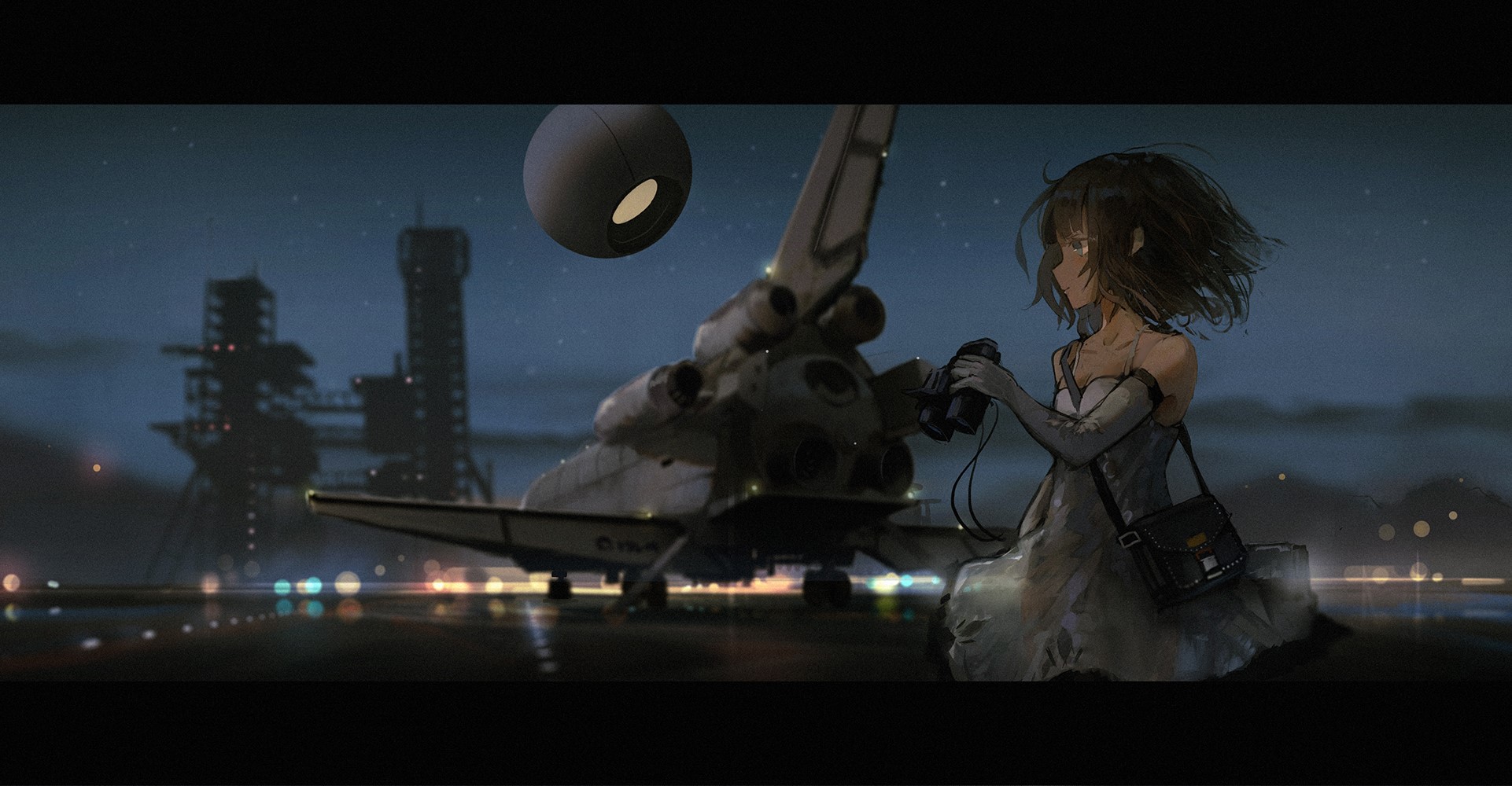 Anime girl with camera at spaceport with shuttle HD Wallpaper