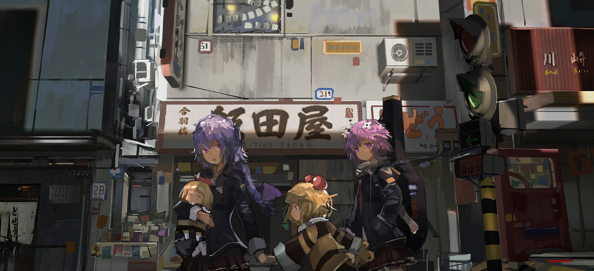 Anime girls in a Japanese city street HD Wallpaper