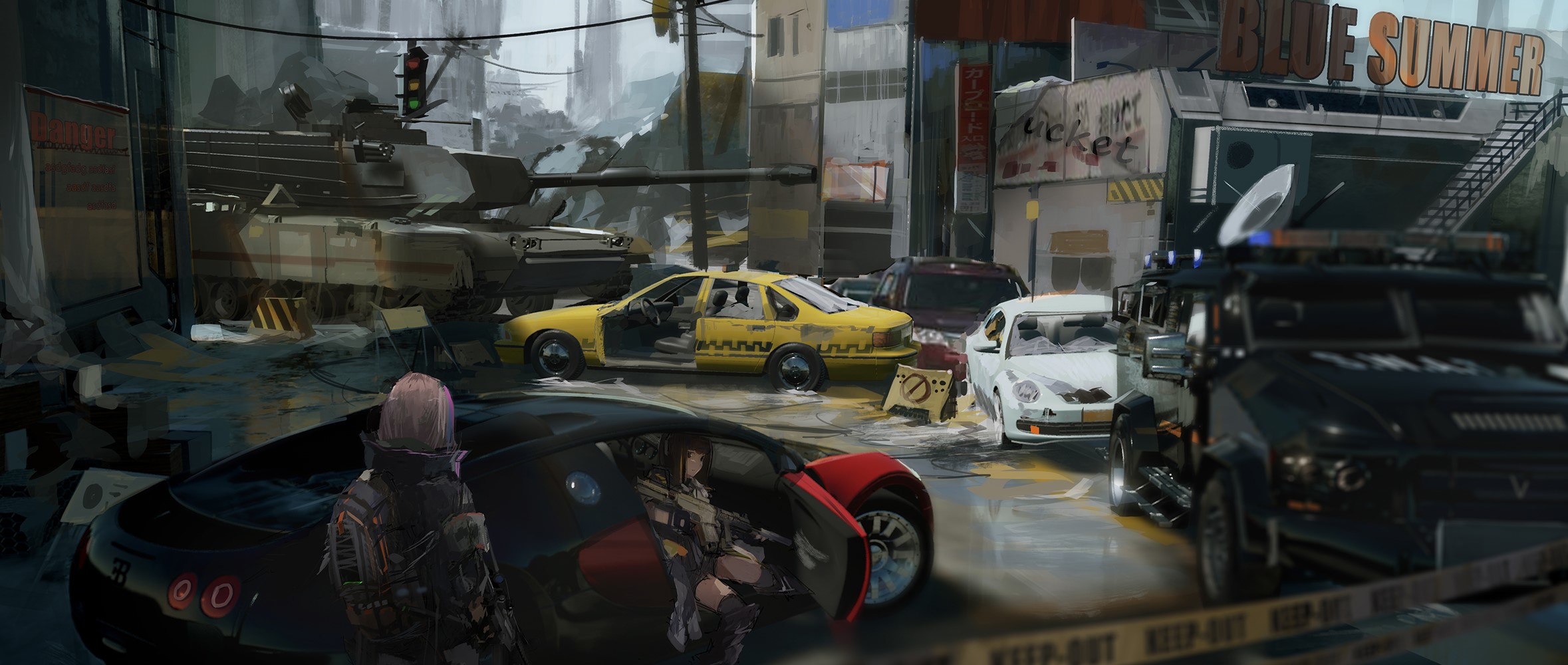 Anime girls in a post-apocalyptic city with tanks and SWAT vehicles HD Wallpaper