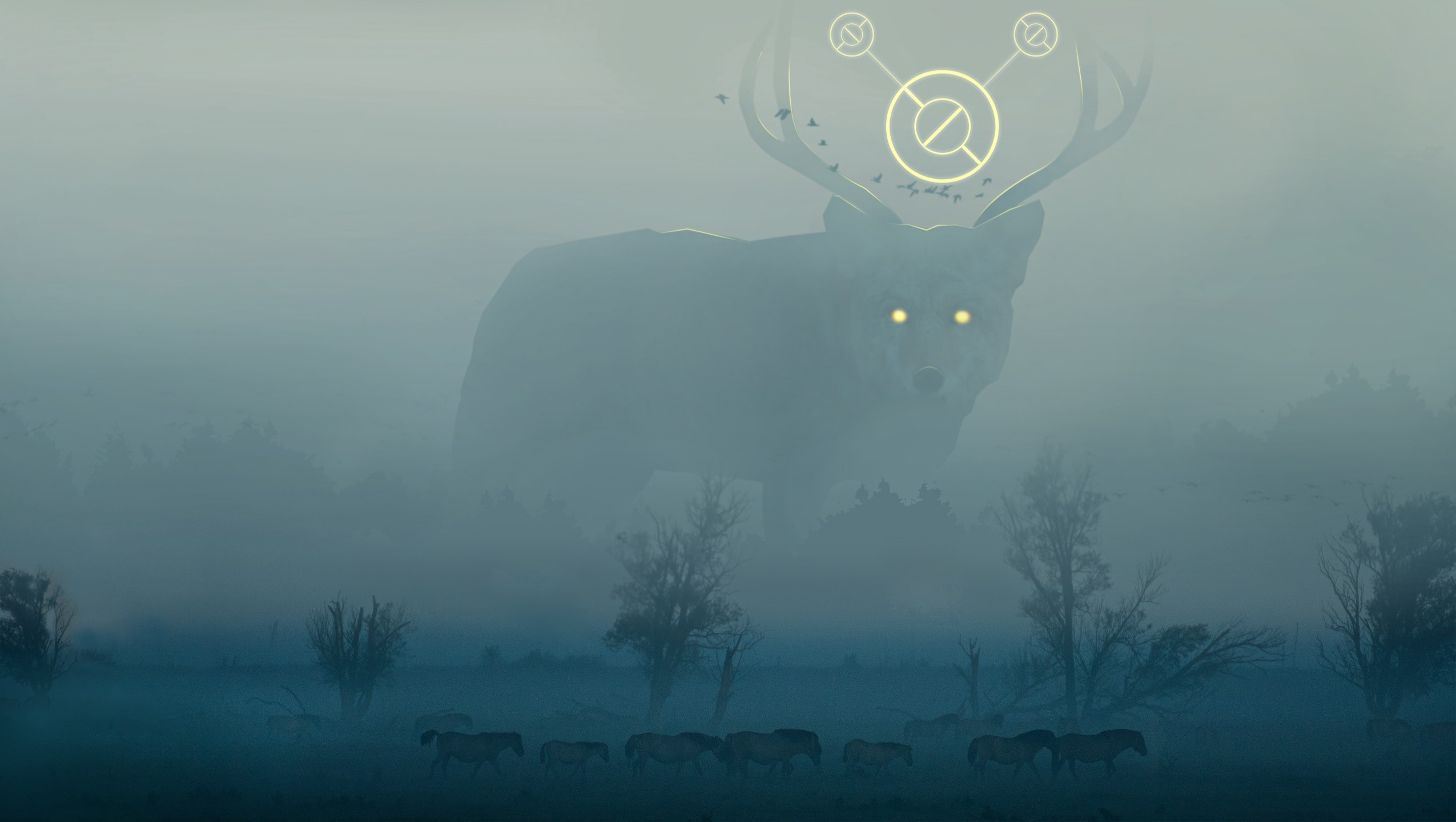 Giant wolf with antlers in mist with horses HD Wallpaper
