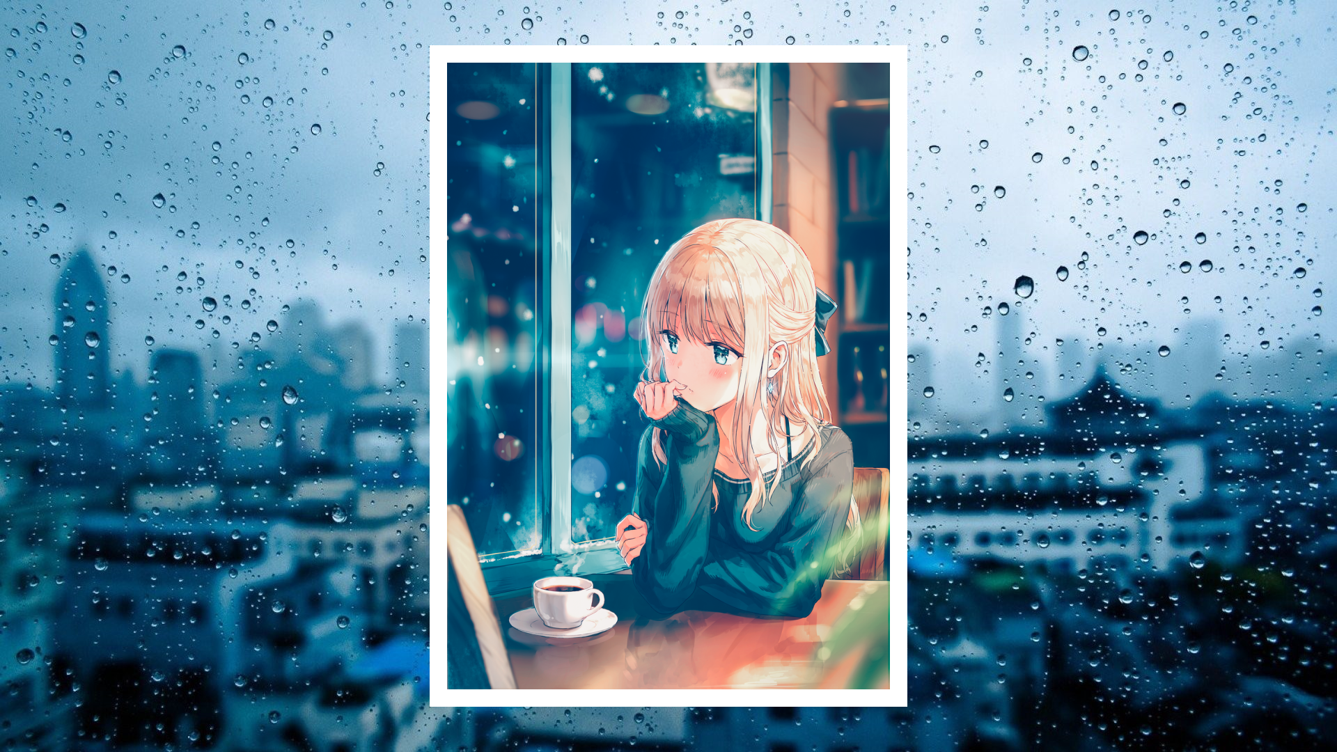 Anime girl with coffee in a cafe during rain HD Wallpaper