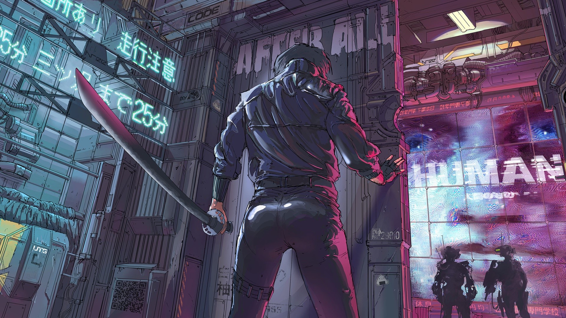 Man with sword in futuristic city HD Wallpaper