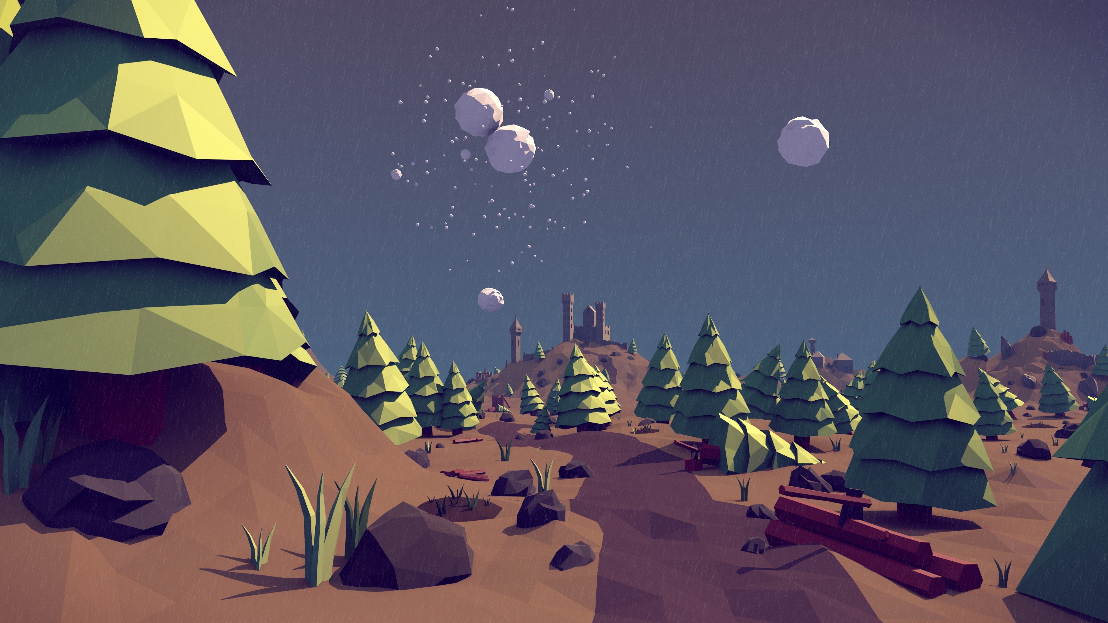 Low poly forest landscape with castles and moons HD Wallpaper