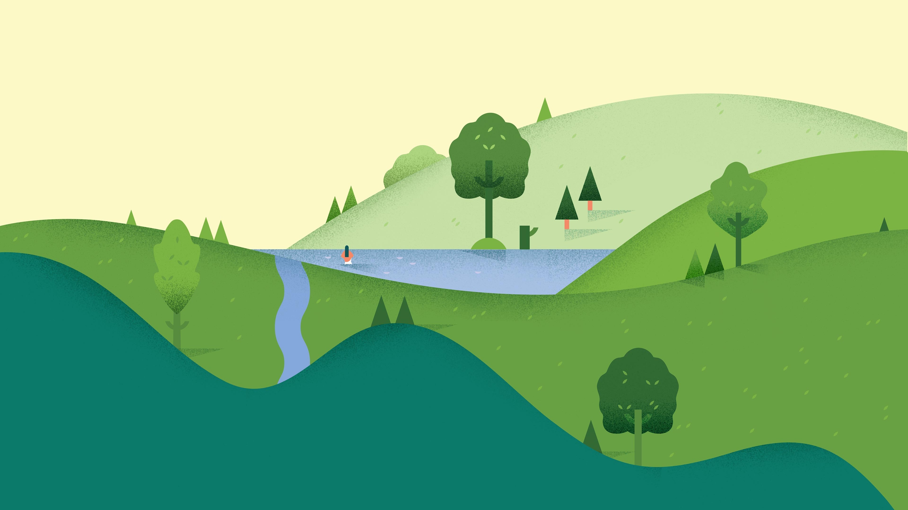 Minimalist landscape with a lake and trees HD Wallpaper