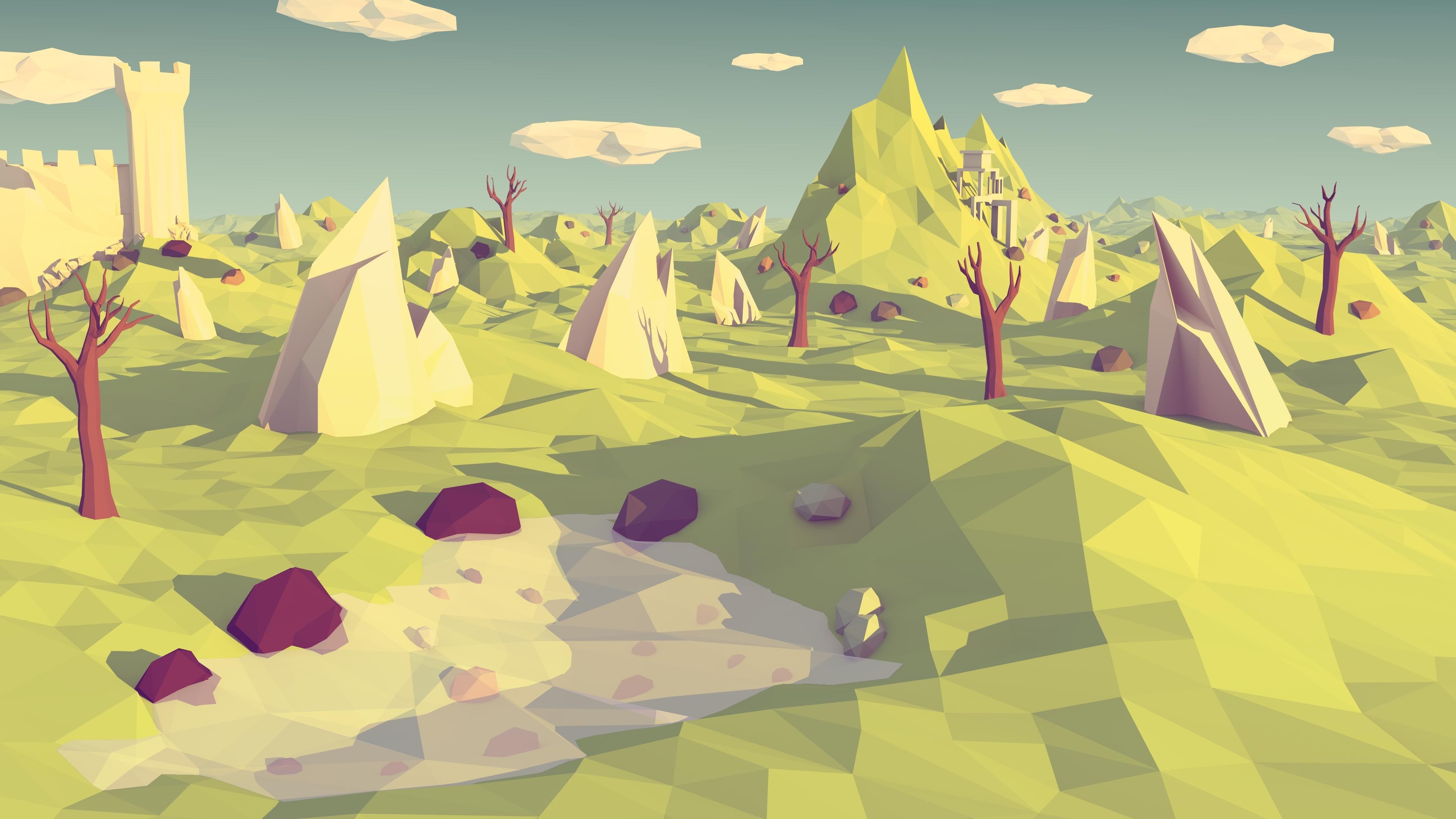Low poly landscape with castle and mountains HD Wallpaper