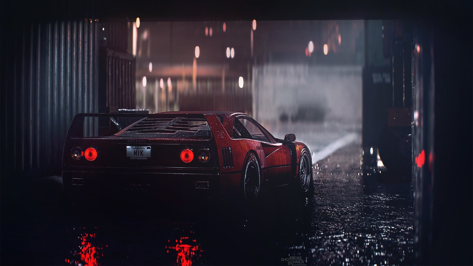 Red Ferrari F40 in the rain at night HD Wallpaper