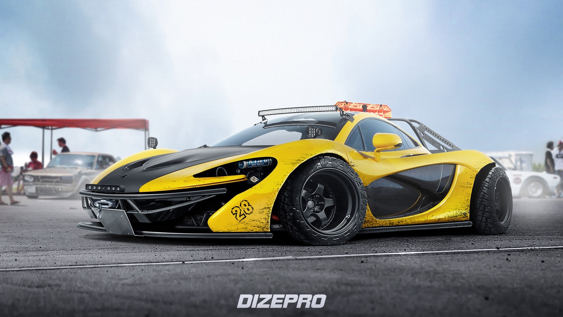 Modified yellow McLaren P1 with off-road tires and lights HD Wallpaper