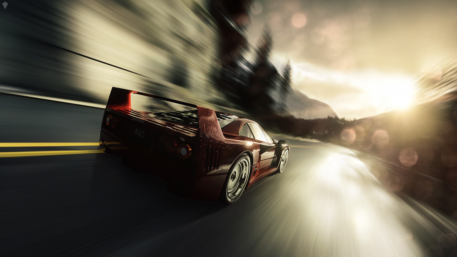 Red Ferrari F40 driving on a road at sunset HD Wallpaper