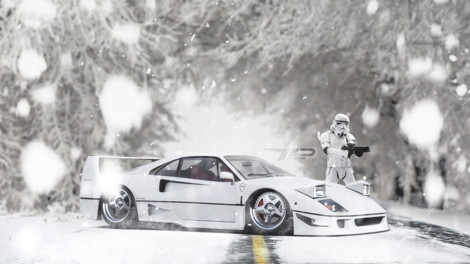White Ferrari F40 with Stormtrooper in Snow HD Wallpaper