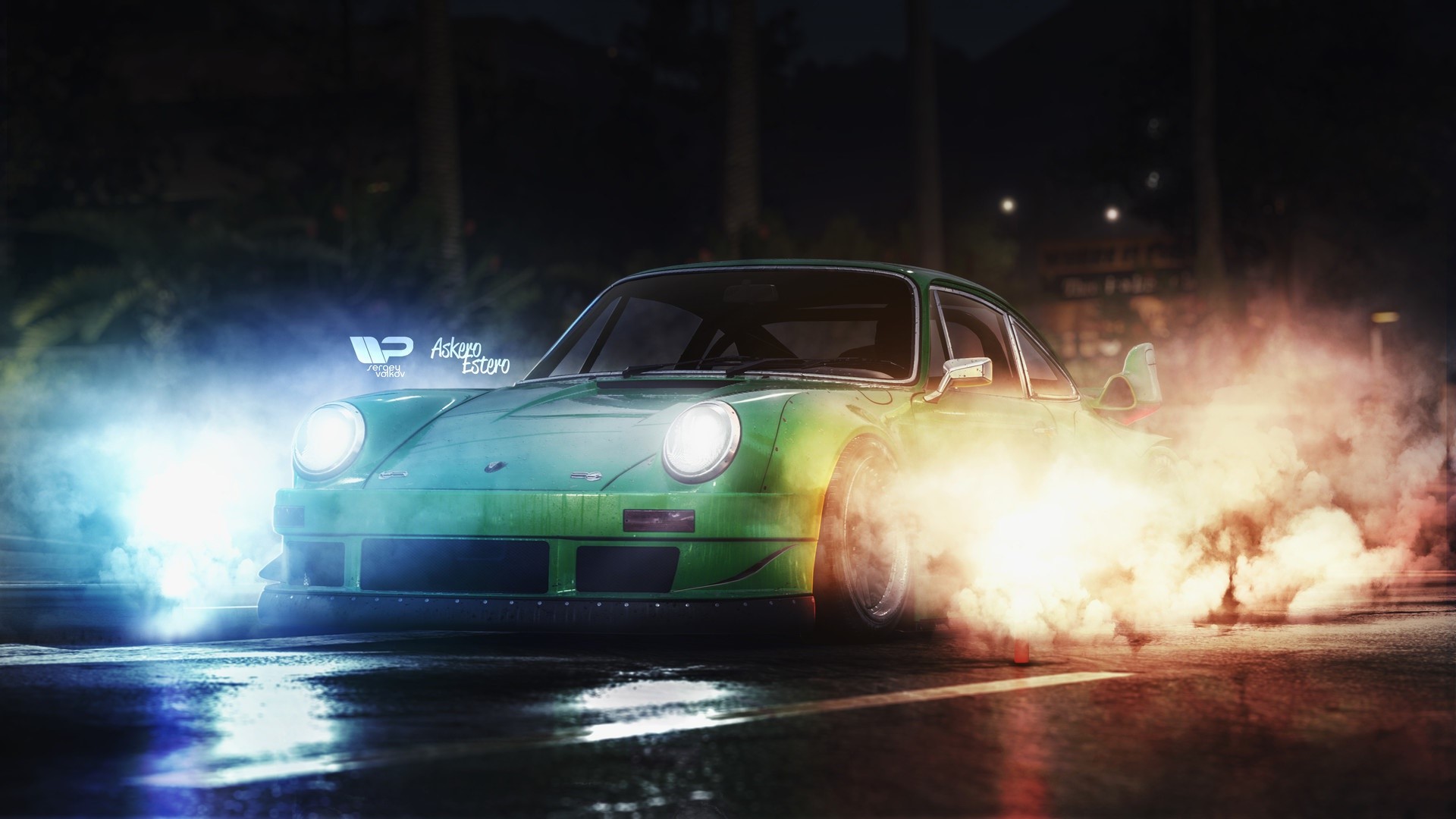 Green Porsche 930 drifting with smoke HD Wallpaper