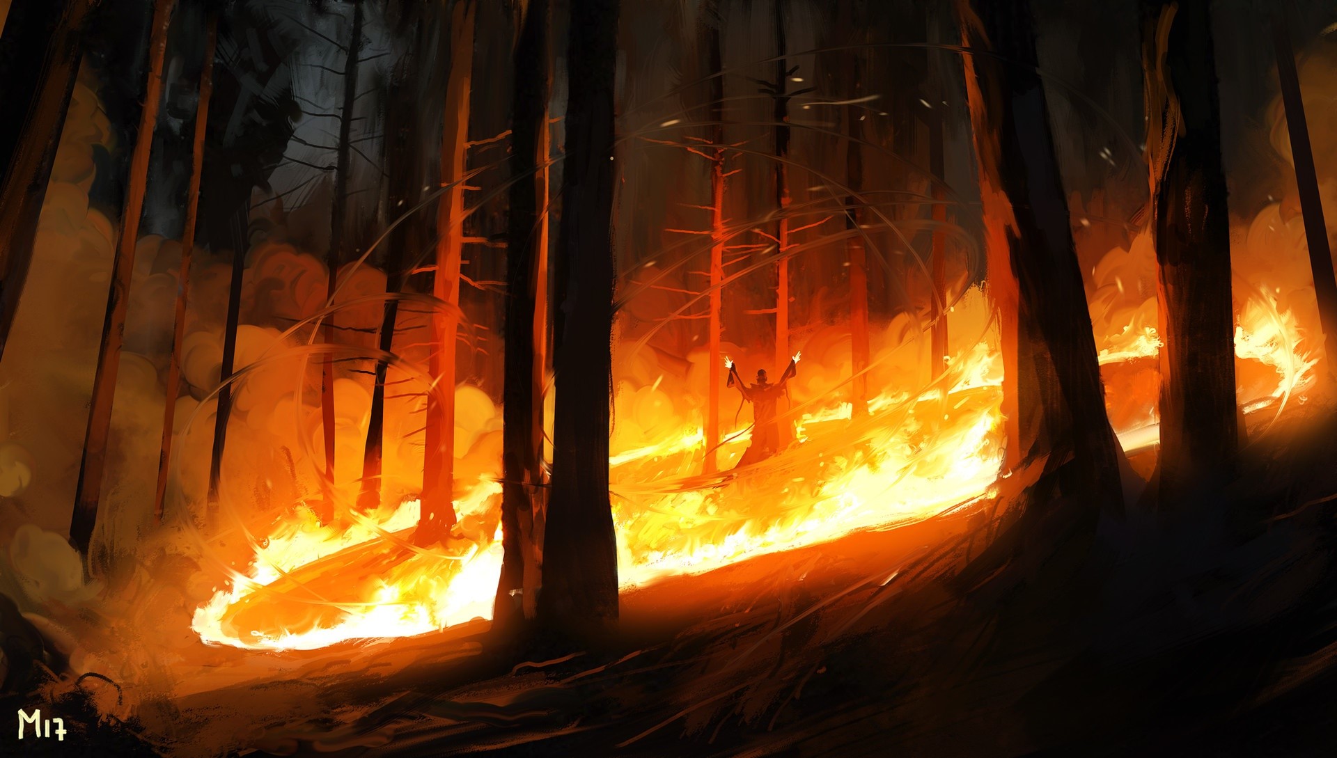 Fantasy art of a figure in a burning forest HD Wallpaper