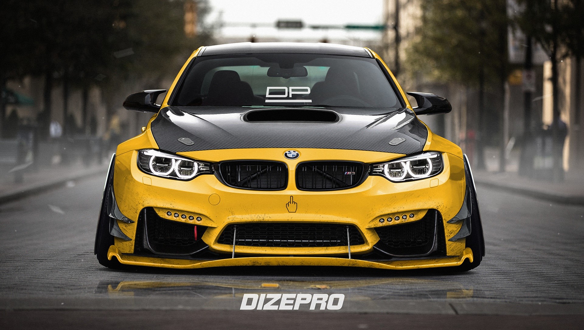 Yellow BMW M4 with carbon fiber hood on street HD Wallpaper