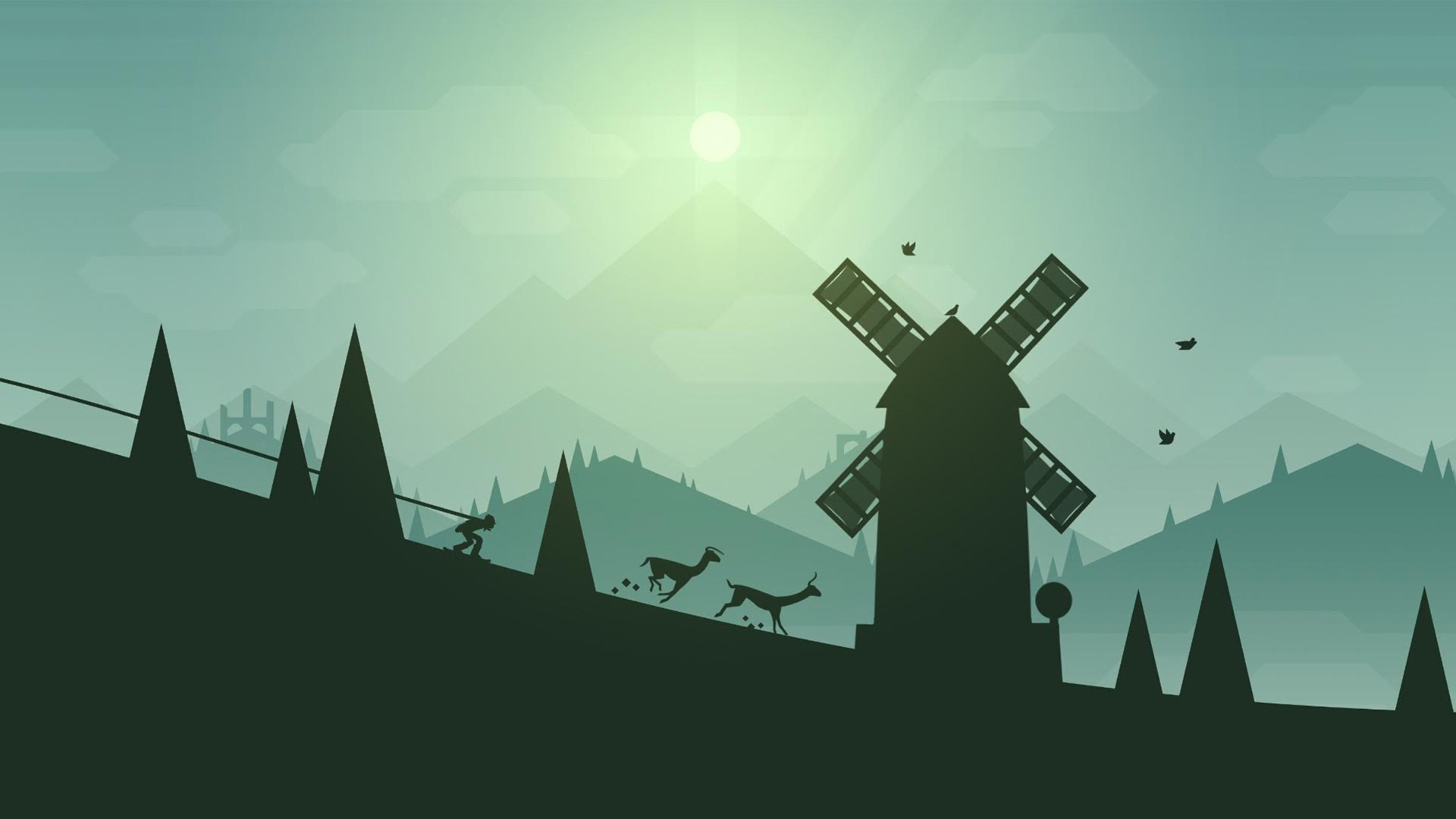 Alto's Adventure landscape with windmill and deer HD Wallpaper