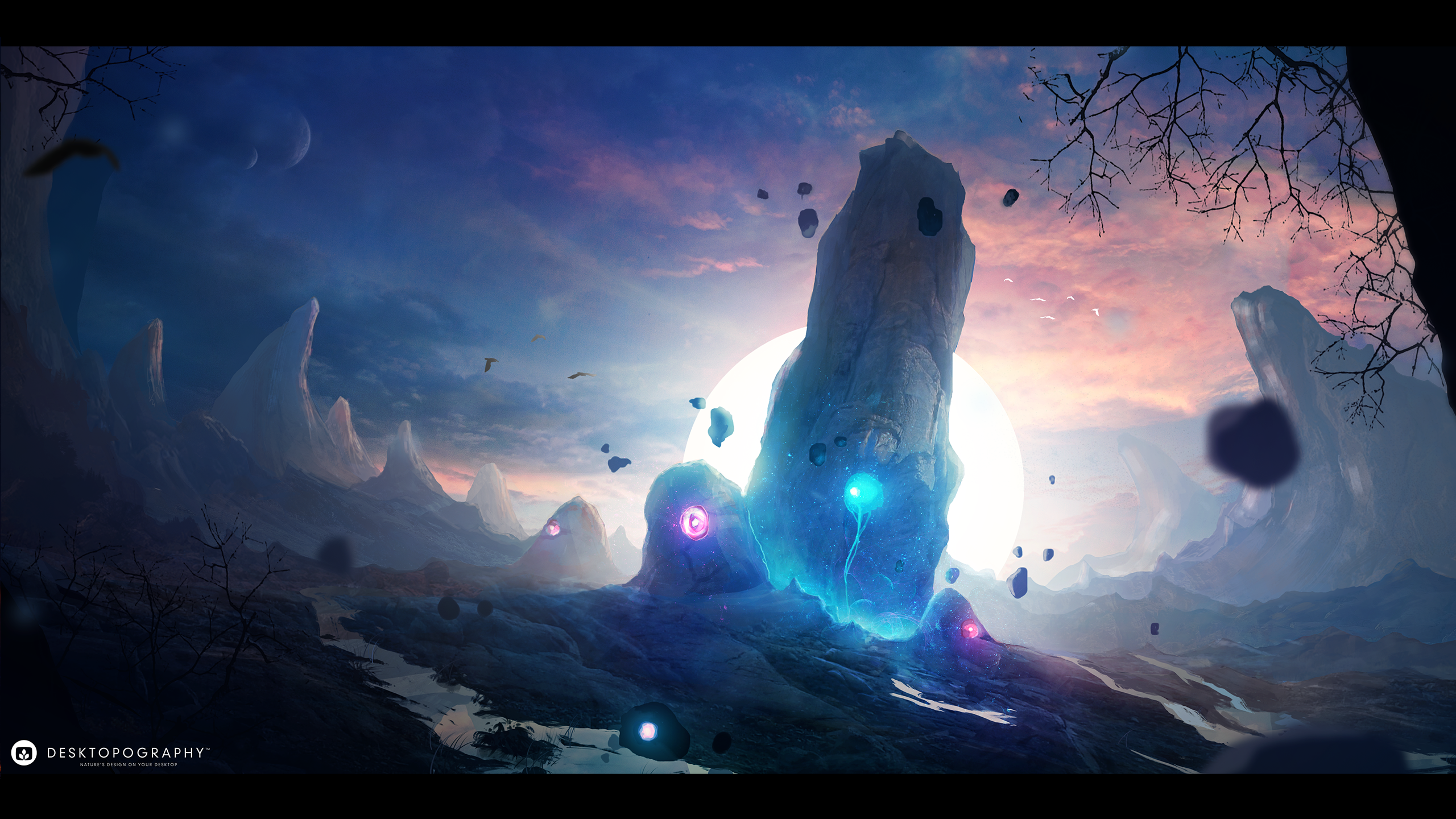 Fantasy alien landscape with glowing rocks and moons HD Wallpaper