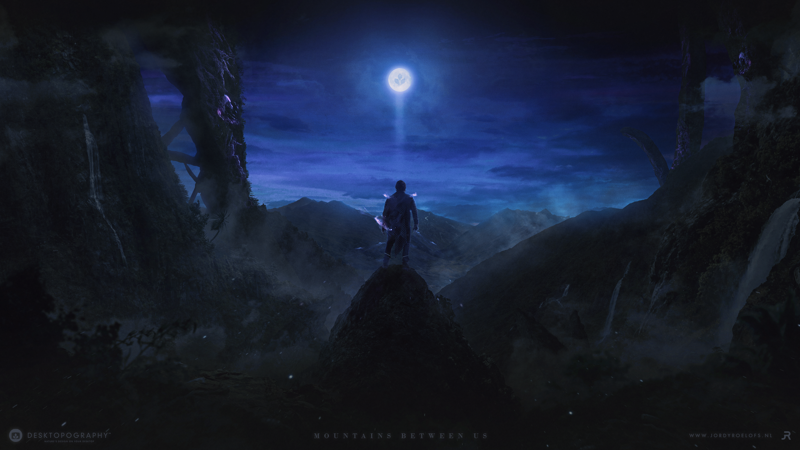 Man standing on mountain peak under moonlit sky HD Wallpaper