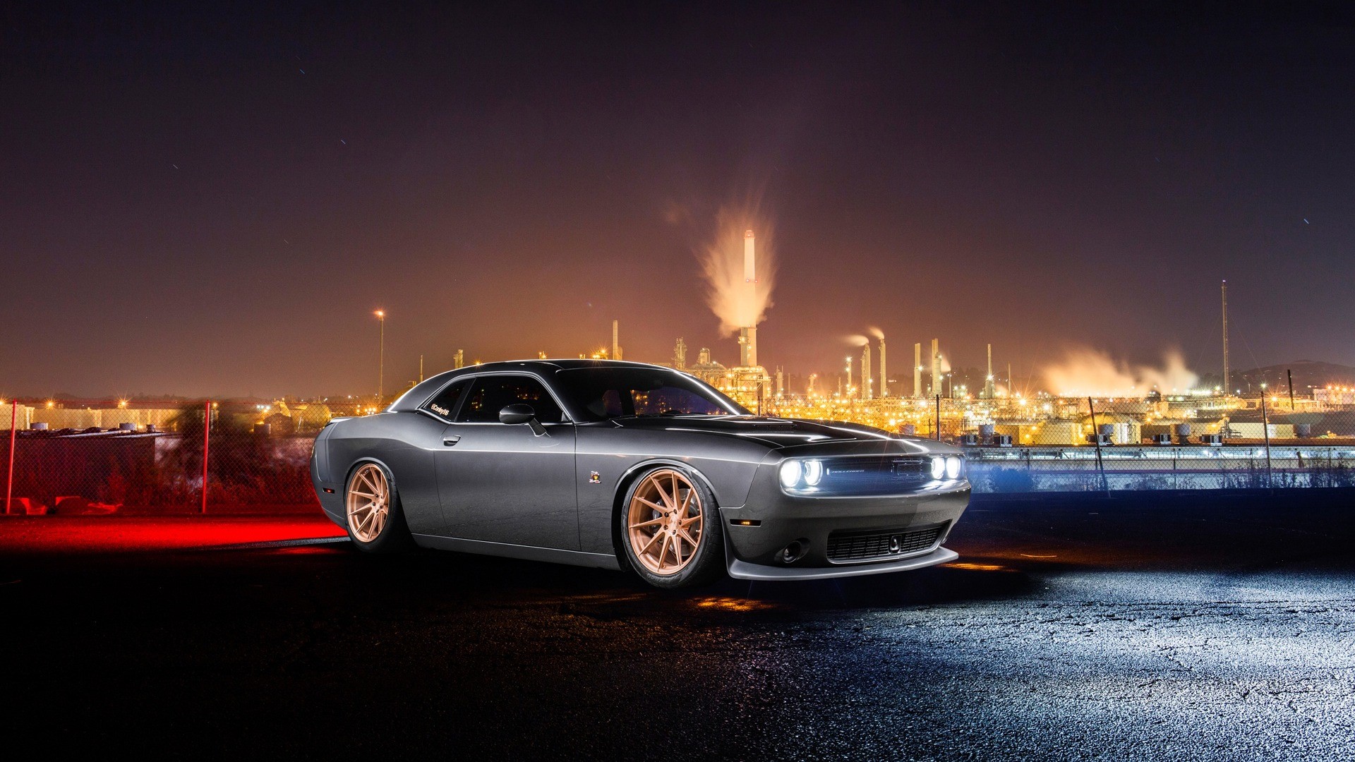 Gray Dodge Challenger with copper wheels at night HD Wallpaper