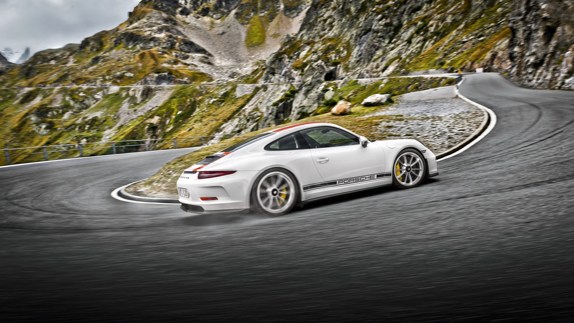 White Porsche 911 on a mountain road HD Wallpaper