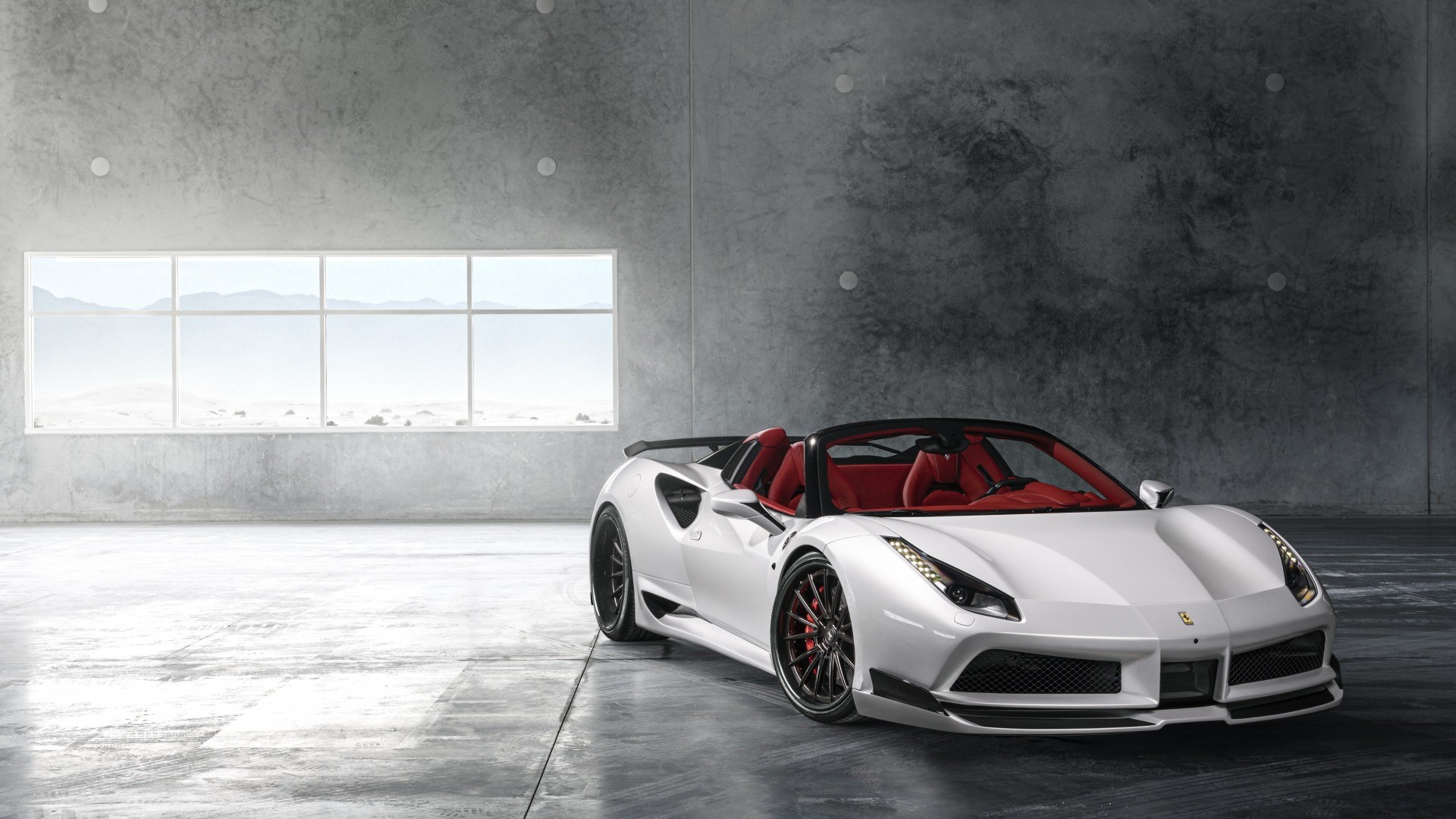 White Ferrari 488 Spider in a concrete garage HD Wallpaper