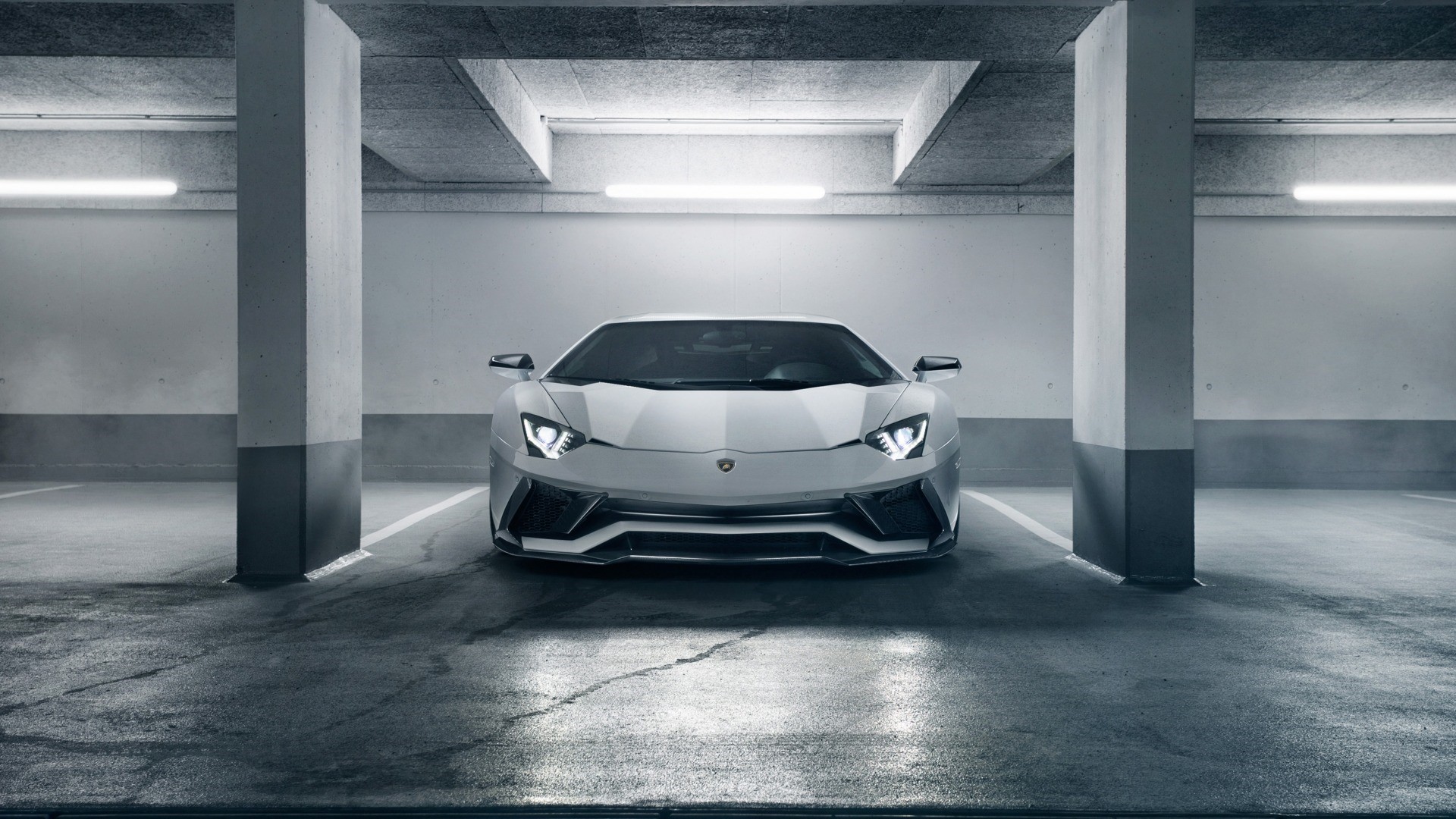 White Lamborghini Aventador parked in a garage HD Wallpaper