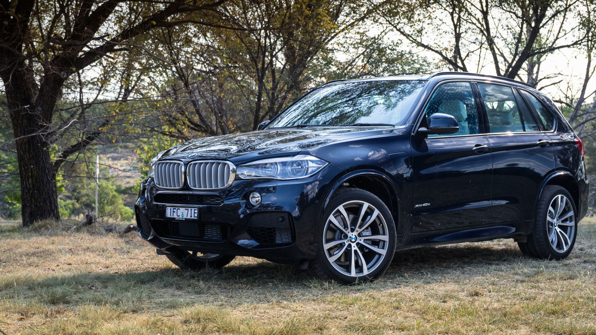 Black BMW X5 parked in a grassy field with trees HD Wallpaper
