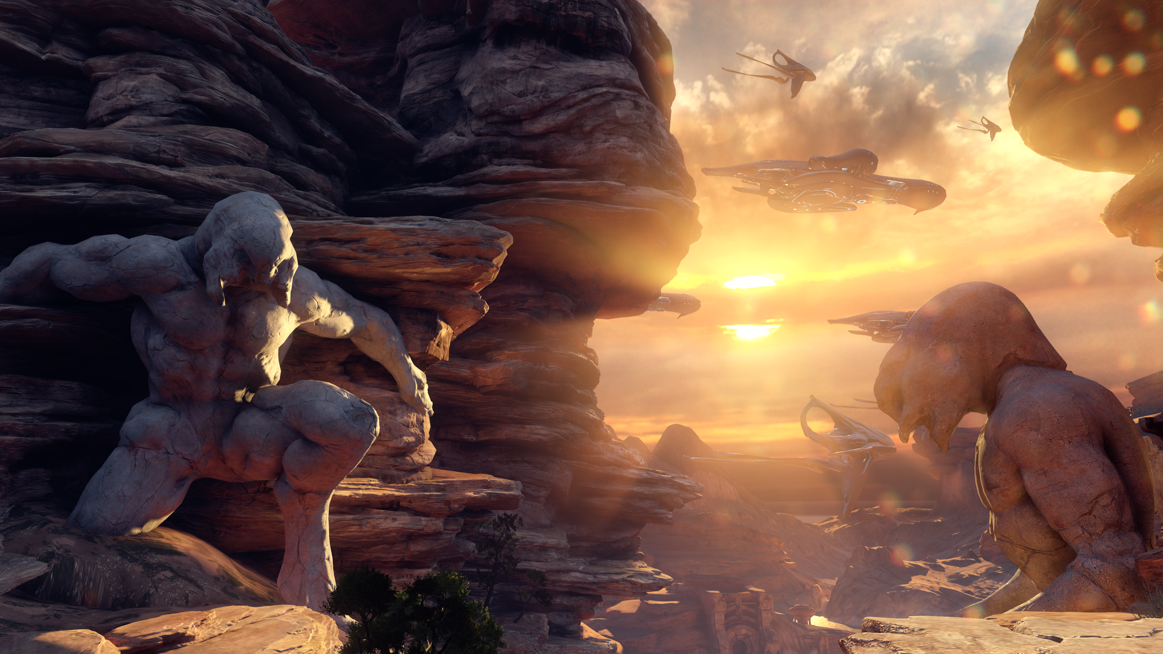 Halo 5: Guardians landscape with statues and spacecraft HD Wallpaper