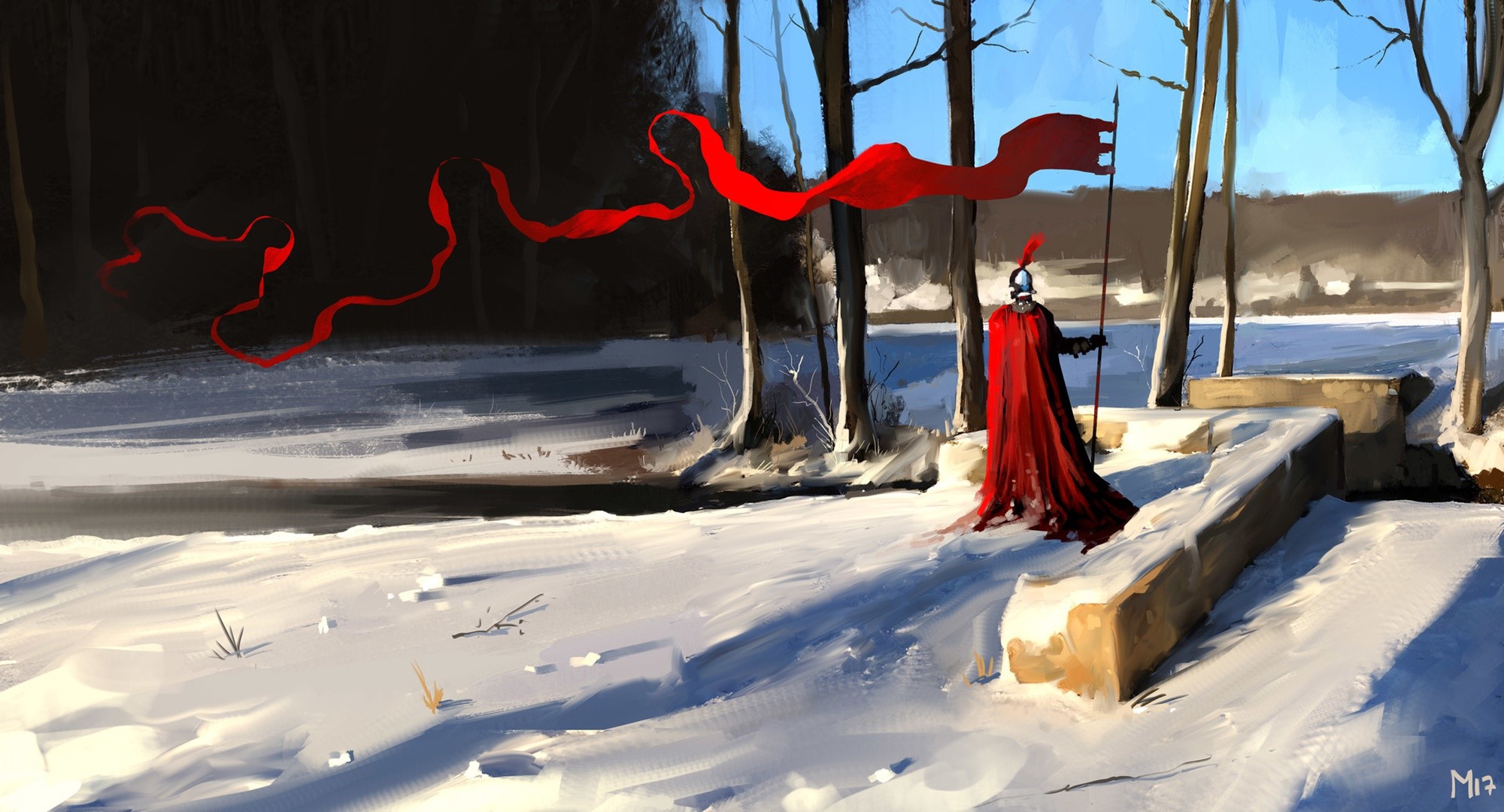 Knight with red flag in snowy landscape by Dominik Mayer HD Wallpaper