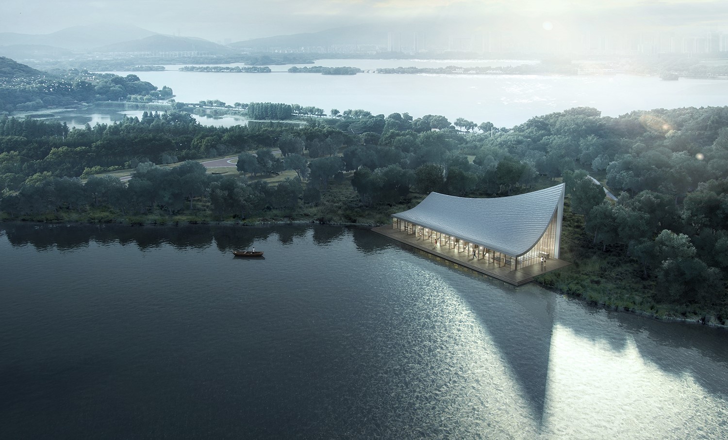 Birds eye view of architecture by a lake in Hangzhou HD Wallpaper