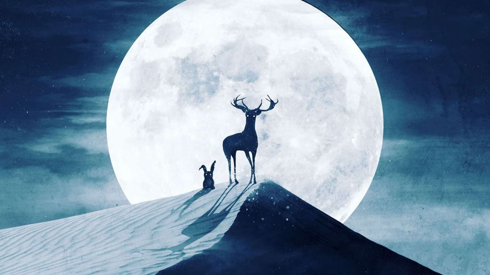 Deer and rabbit silhouette against a large moon HD Wallpaper