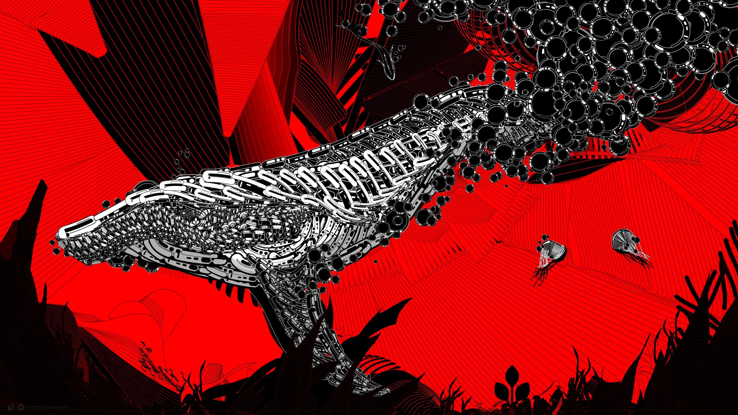 Digital artwork of a mechanical whale with bubbles HD Wallpaper