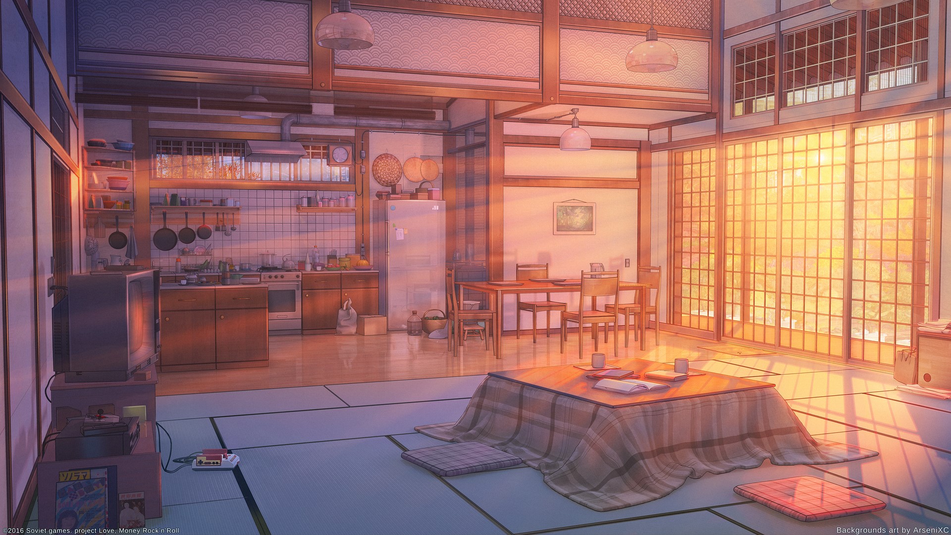 Anime interior of a Japanese house with a kitchen and living area HD Wallpaper