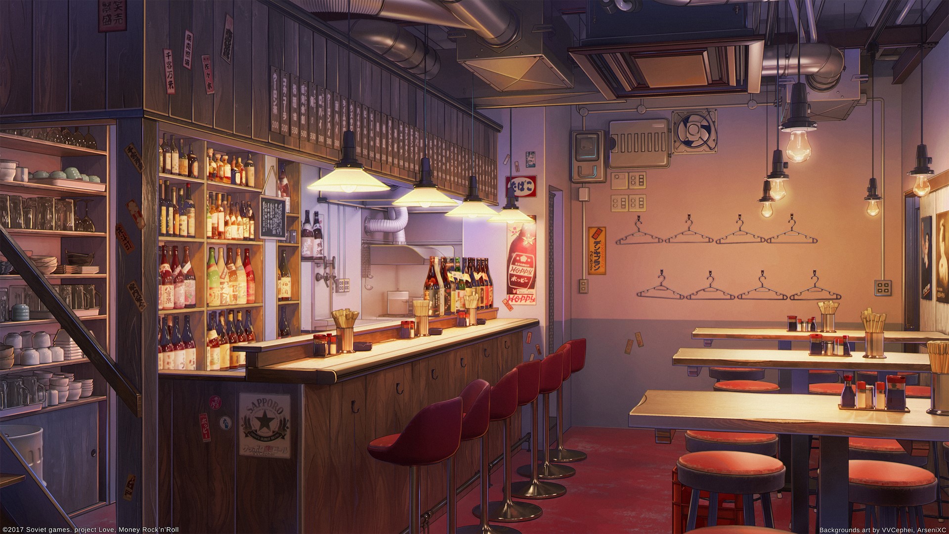 Interior of a Japanese bar with bottles and tables HD Wallpaper