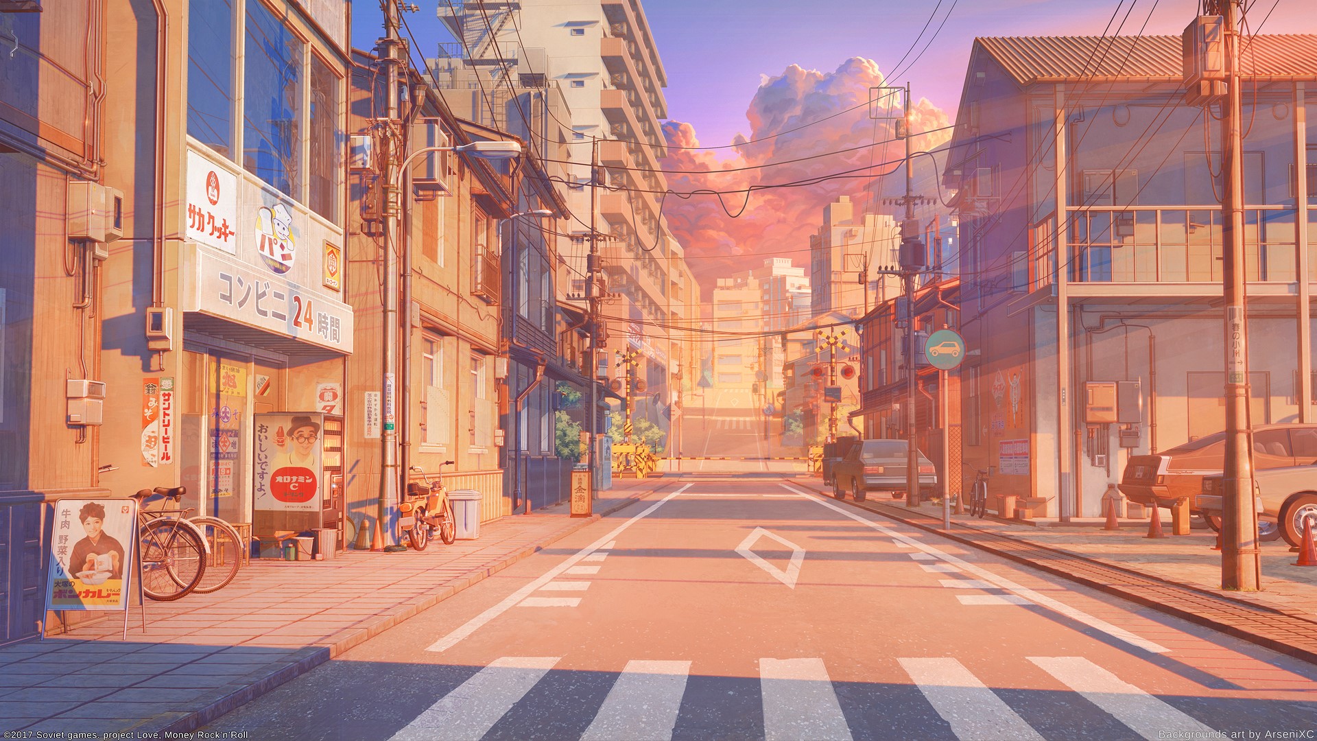 Anime street scene at sunset with convenience store HD Wallpaper
