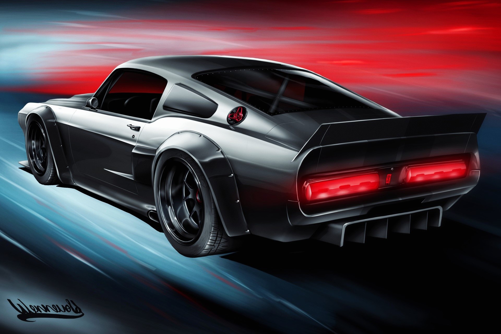 Black custom Ford Mustang with widebody kit HD Wallpaper
